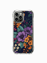 PhoneCasing iPhone 16 Pro Max Case featuring Elias Nocturne’s Purple Gold Floral Shadow art. Rich purple blooms and golden flowers on a deep indigo background, gallery-quality floral print