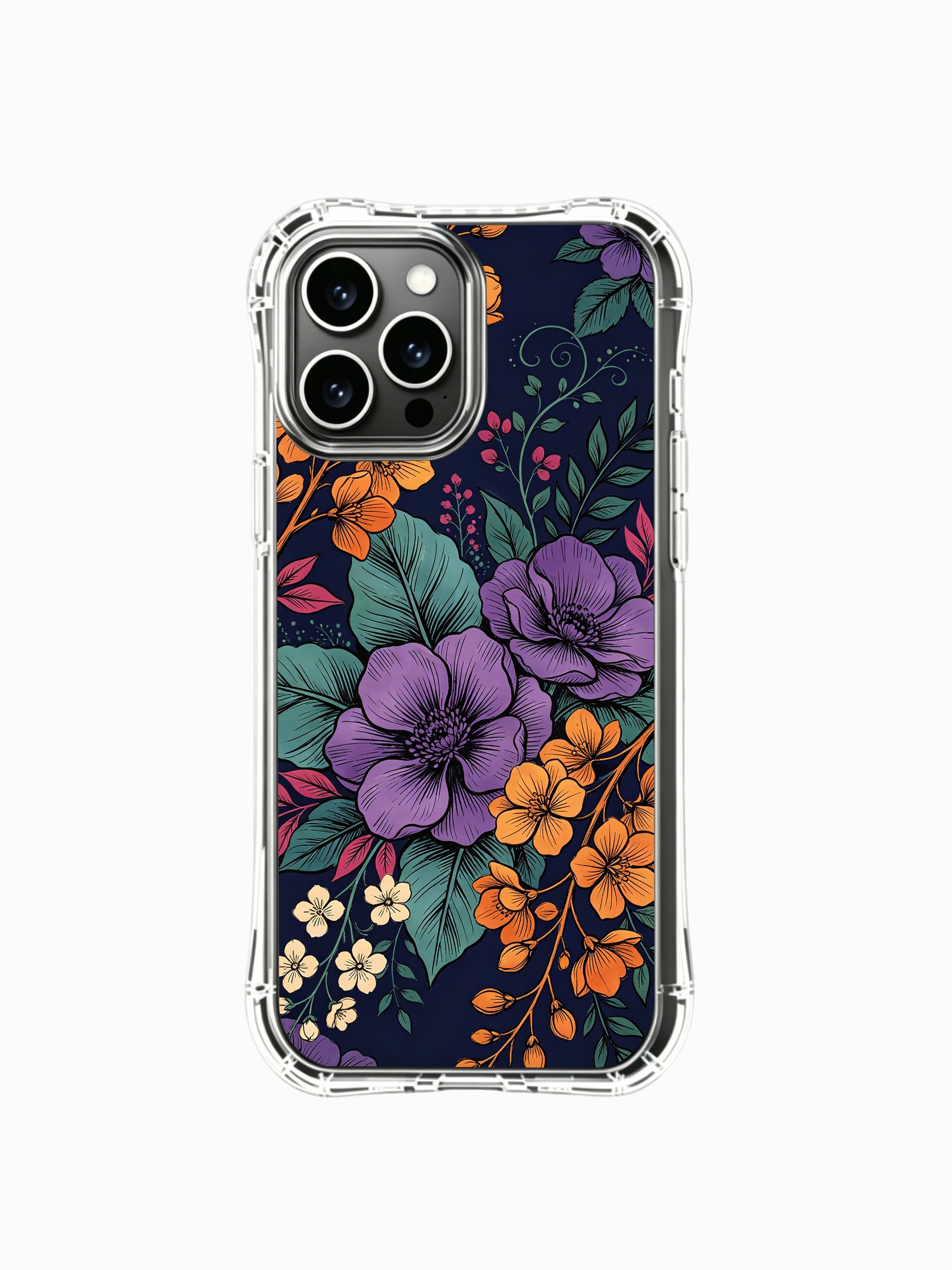 PhoneCasing iPhone 16 Pro Max Case featuring Elias Nocturne’s Purple Gold Floral Shadow art. Rich purple blooms and golden flowers on a deep indigo background, gallery-quality floral print