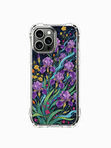 PhoneCasing iPhone 16 Pro Max Case featuring Elias Nocturne's "Purple Iris Tide" art, a dynamic floral design with purple blooms and teal waves.