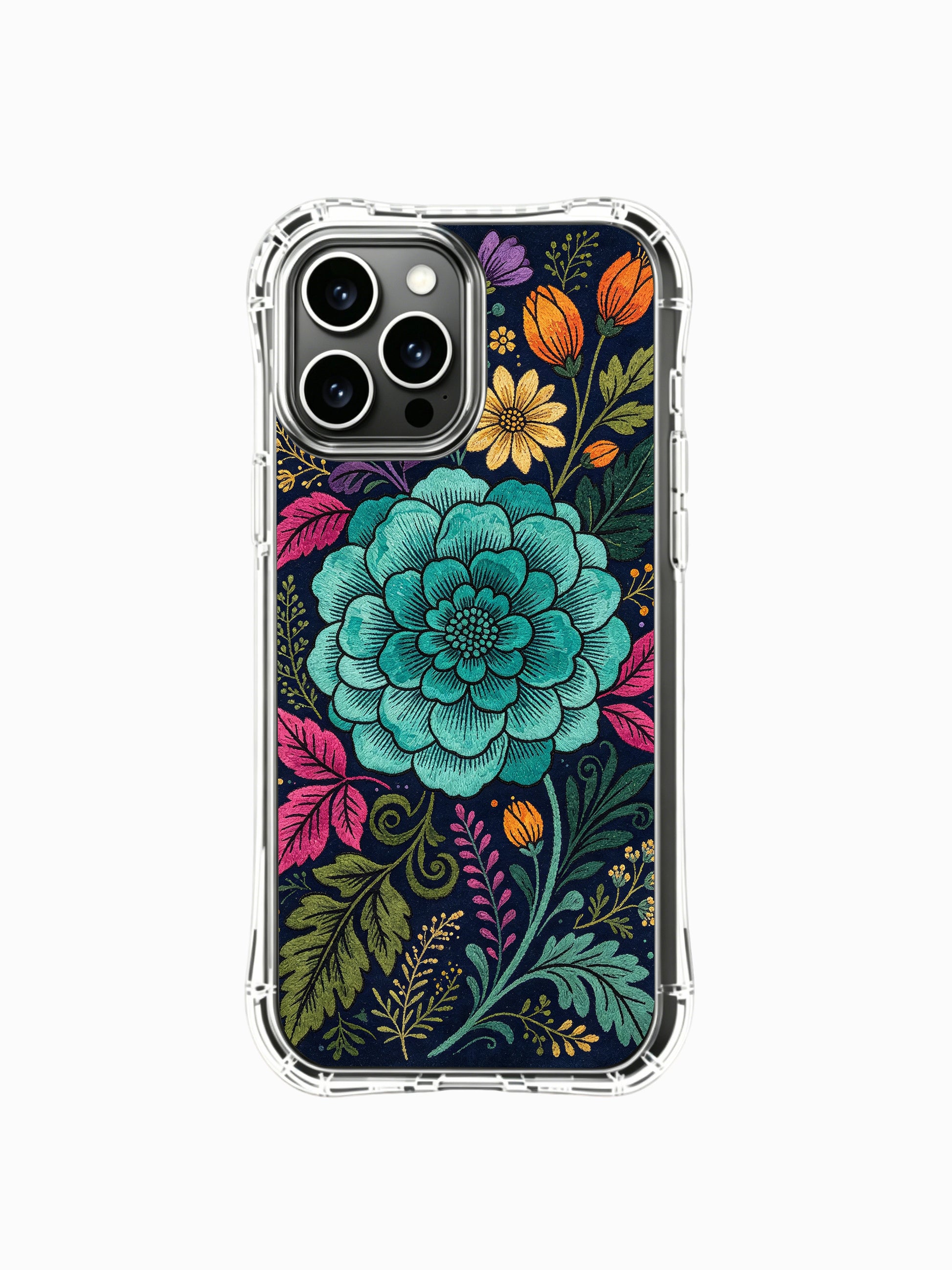 PhoneCasing iPhone 16 Pro Max Case featuring Elias Nocturne’s Teal Night Flower Dream art. Vibrant embroidered-style floral illustration, gallery-quality print for art lovers.