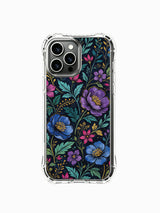 PhoneCasing iPhone 16 Pro Max Case featuring Elias Nocturne's "Ultramarine Floral" art, a dark botanical print with deep blue and purple blooms.