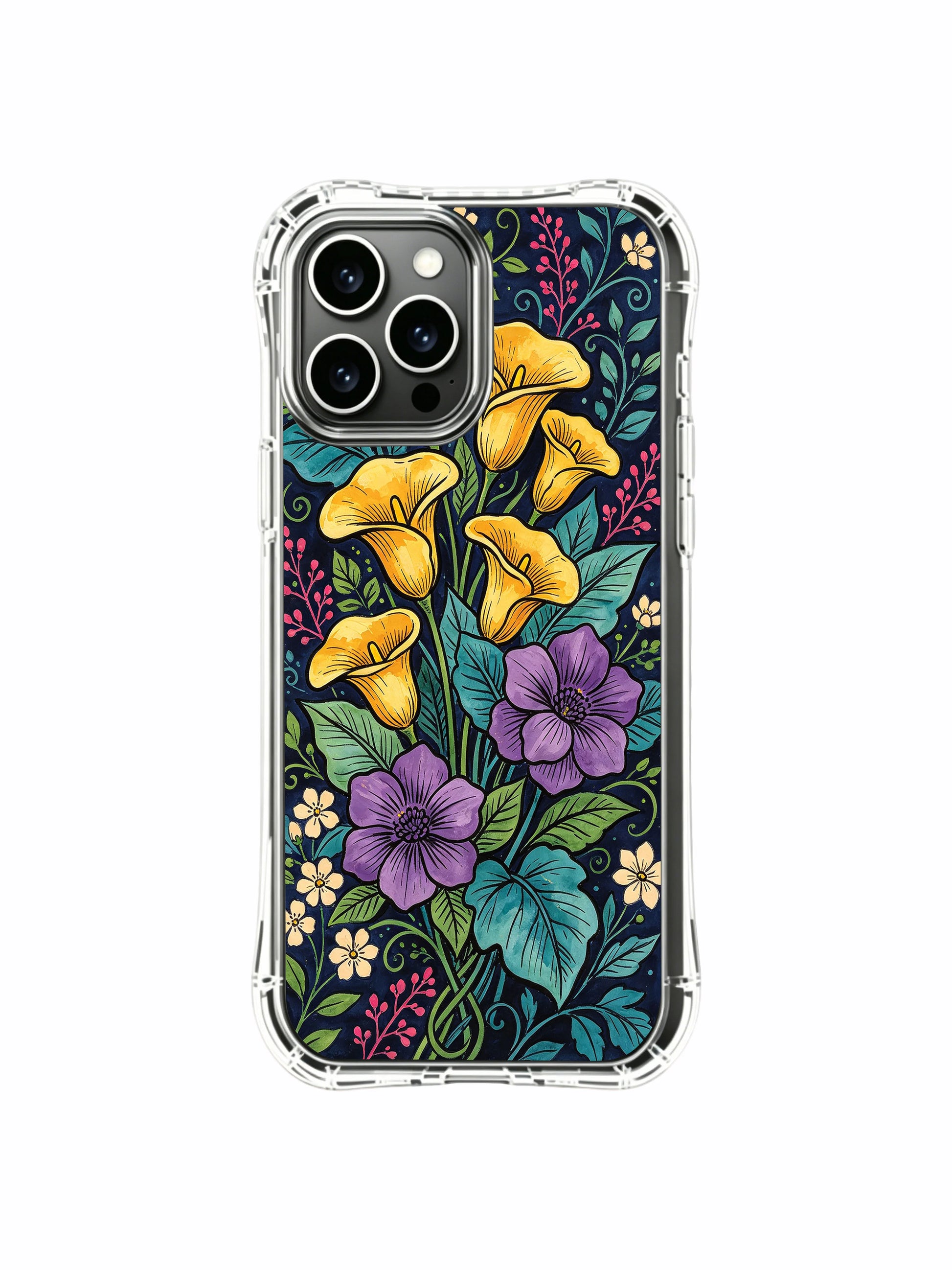 PhoneCasing iPhone 16 Pro Max Case - Elias Nocturne’s Warm Night design. Golden calla lilies and purple blooms, high-quality floral print.