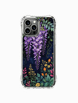 PhoneCasing iPhone 16 Pro Max Case featuring Elias Nocturne's "Wisteria Night Dream" art, a dreamy floral print with hanging purple blooms.