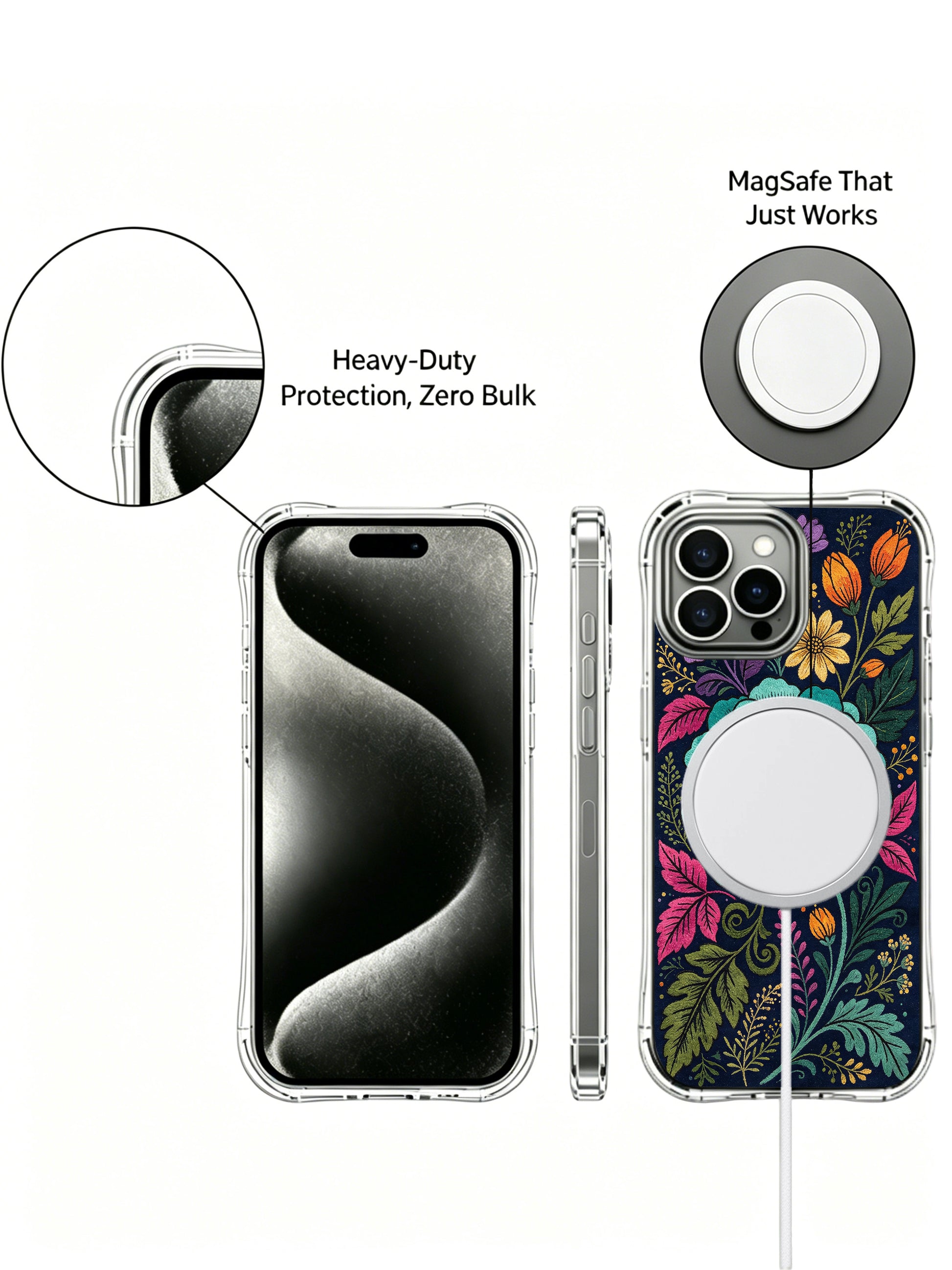 PhoneCasing iPhone 16 Pro Max Case with an embroidered night garden design. Teal flower surrounded by colorful blooms, artist-designed case with durable protection.