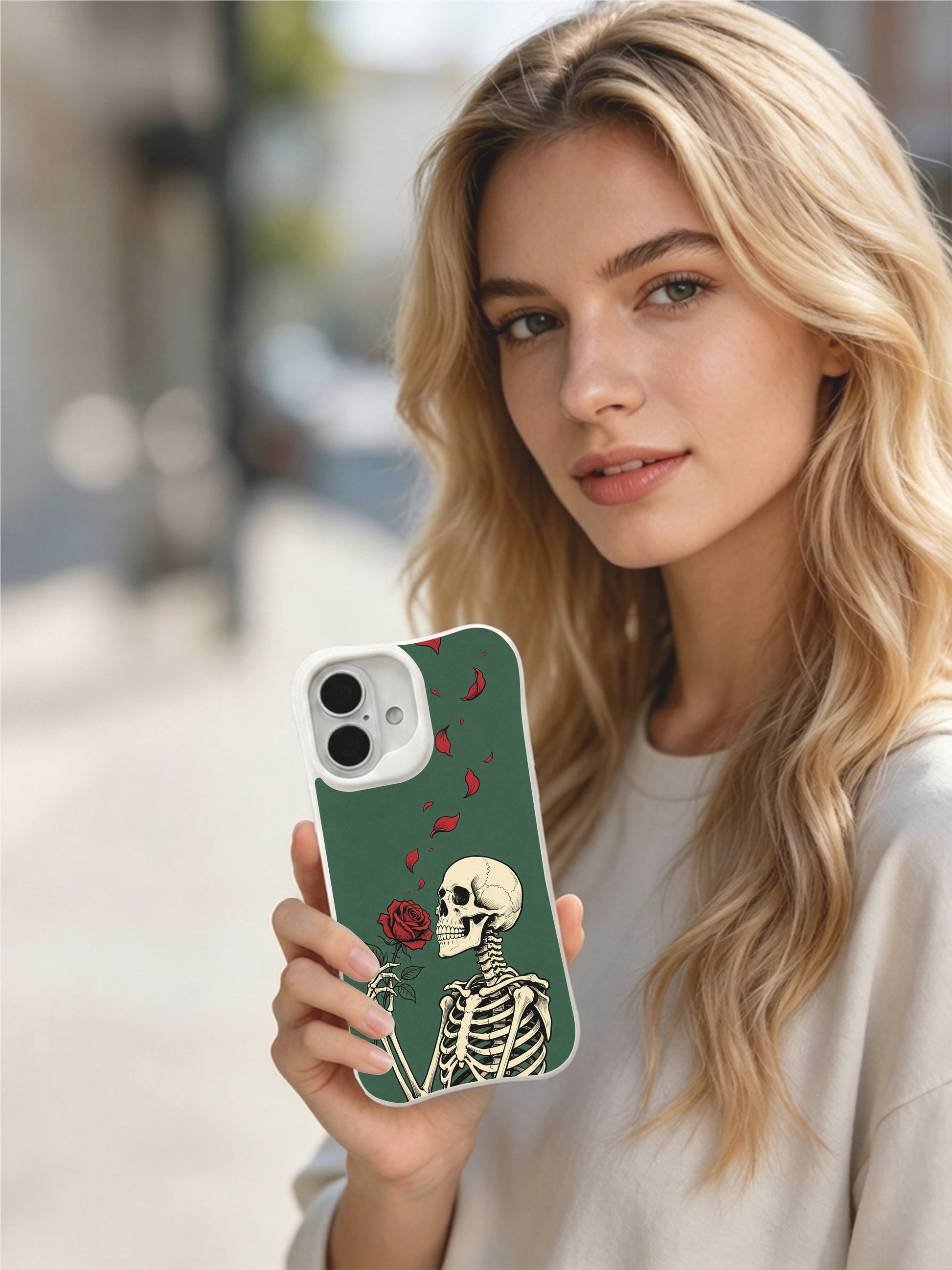 PhoneCasing Emerald Green Texture vivid red rose skeleton iPhone 16 Case, classic American traditional tattoo print, stain resistant glossy long-lasting iPhone 16 casing