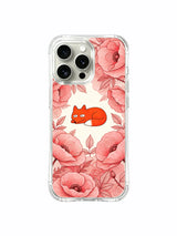 Red fox surrounded by soft floral artwork on an iPhone 15 Pro Max case