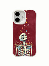 PhoneCasing negative space burgundy goth fine art iPhone 16 Case, minimalist upward drifting petals & ribcage illustration, anti-drop corner cushion MagSafe iPhone 16 cover