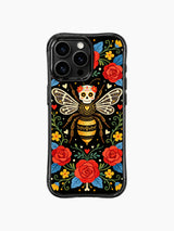 PhoneCasing iPhone 16 pro max case with an enchanted bee queen design. Day of the Dead folk art style with blooming flowers.