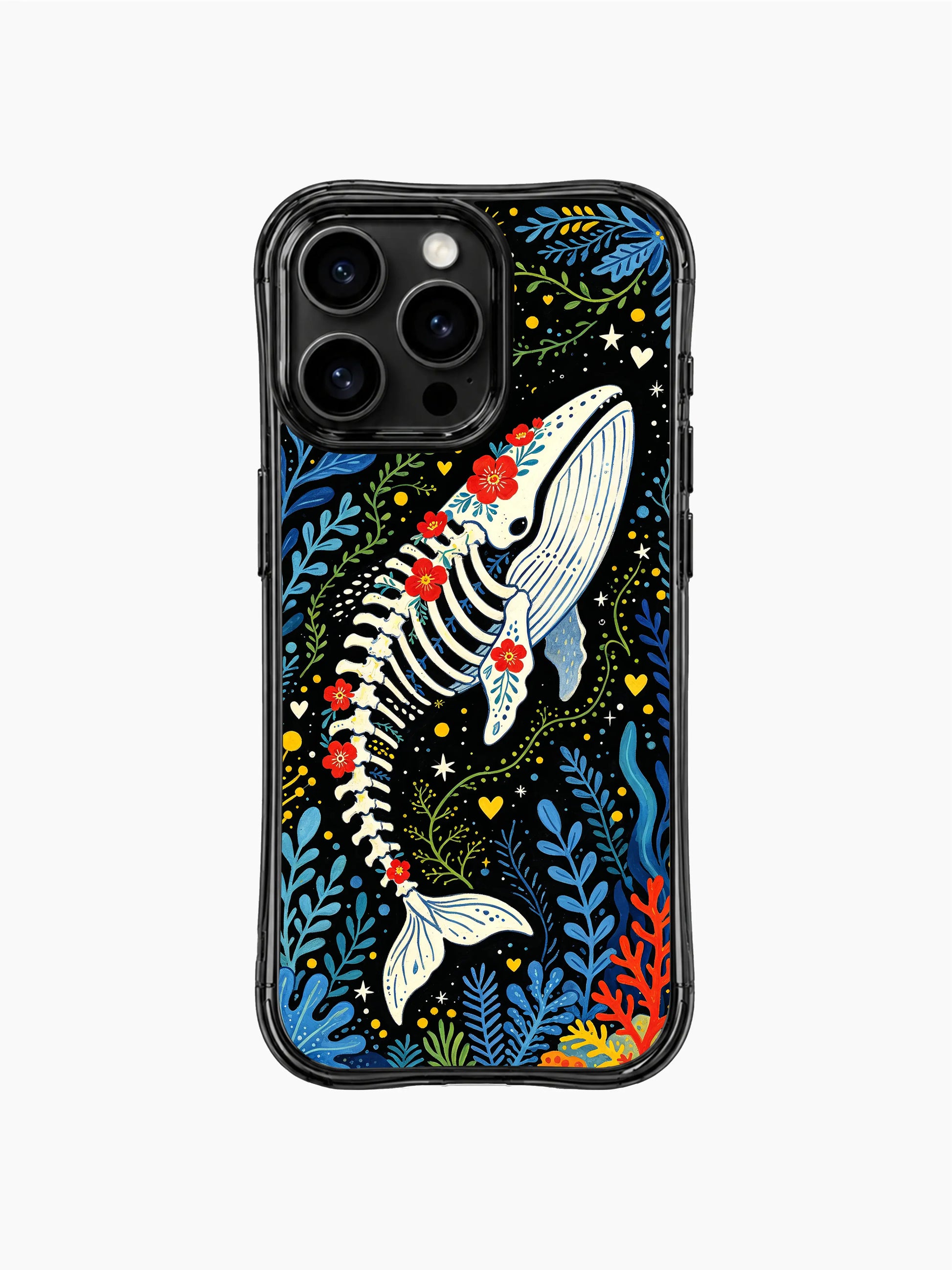PhoneCasing iPhone 16 pro max case with an enchanted whale garden design. Gothic folk art style with blooming flowers and coral.