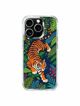 Sharp defined striped energetic pounce tiger deep in tropic woodland iPhone 13 pro Case by PhoneCasing, assorted monstera & fern leaf illustrated phone cover, scratch-resistant glossy finish durable casing