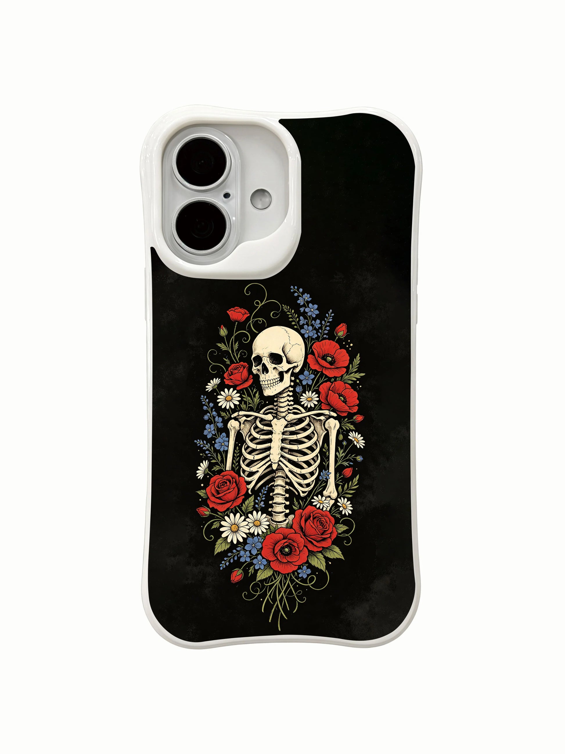 PhoneCasing eternal midnight garden wildflower skeleton floral iPhone 16 Case, goth wearable art themed on everlasting blooming garden inside endless dark night, MagSafe snap-fit scratch resistant everyday iPhone 16 casing