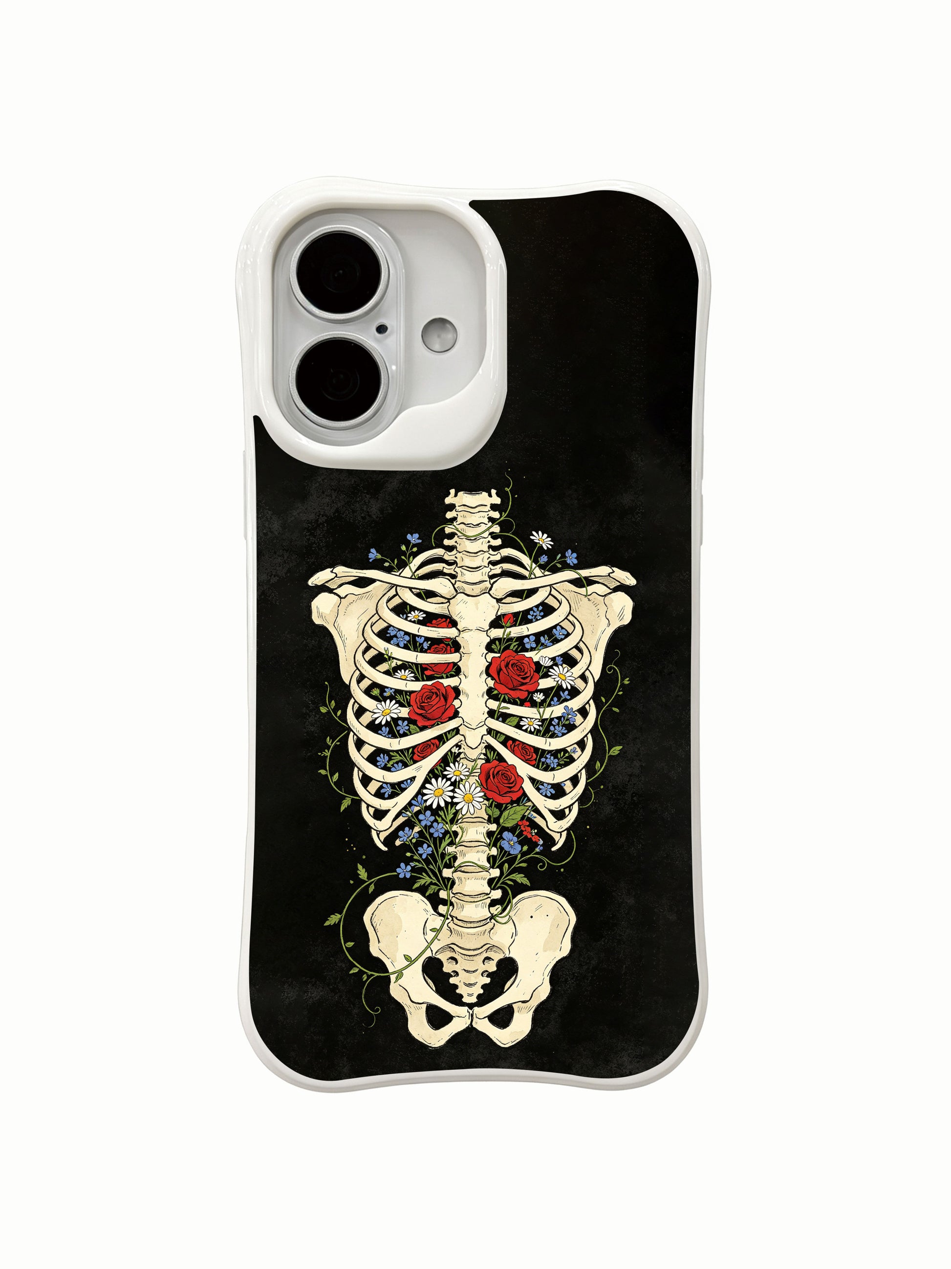 PhoneCasing eternal-greenhouse skeleton floral iPhone 16 Case, goth wearable art themed on private greenhouse thriving within lifeless bony thorax, MagSafe snap-fit scratch resistant everyday iPhone 16 casing