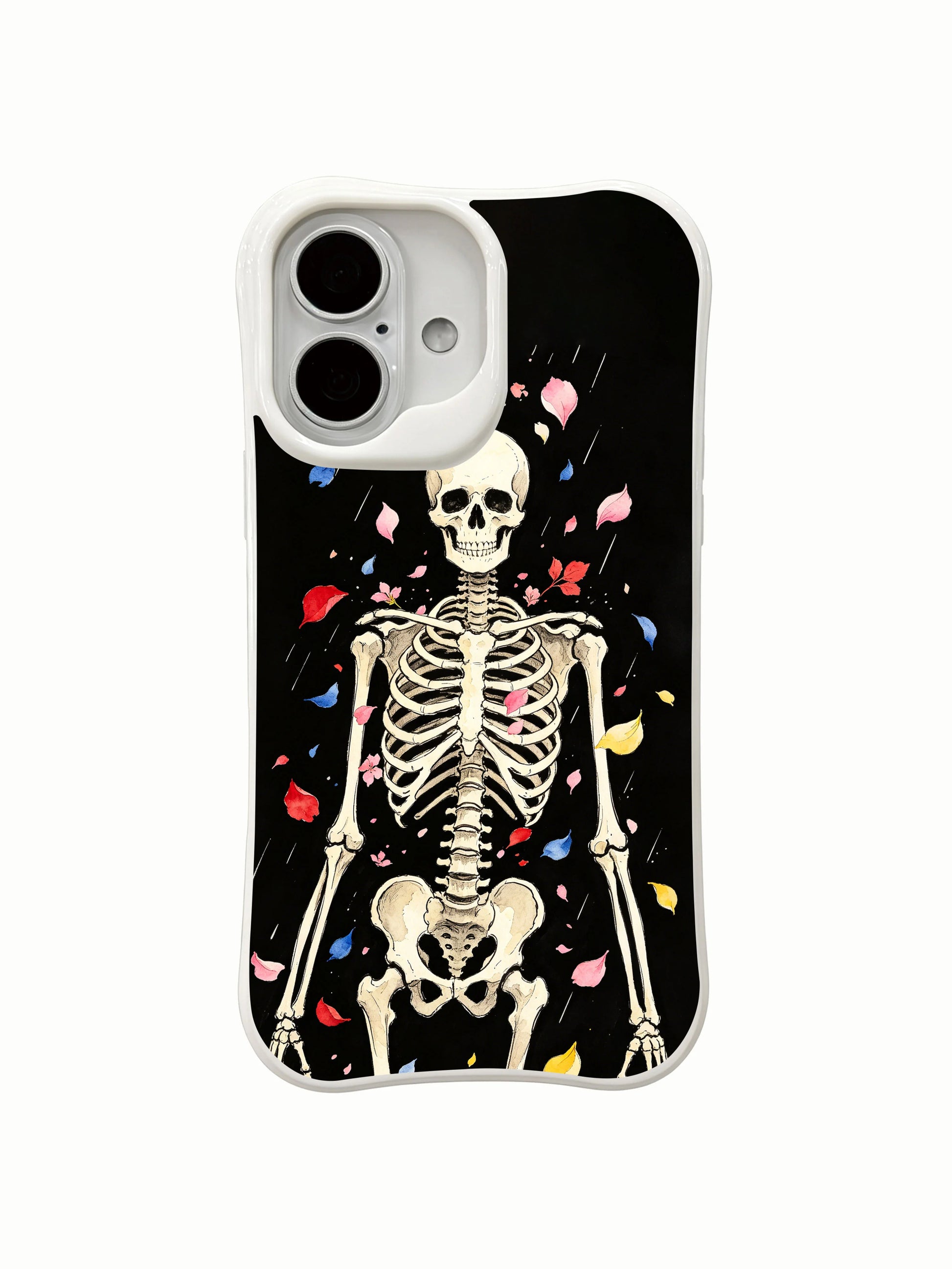 PhoneCasing eternal night flower drift skeleton floral iPhone 16 Case, goth wearable art themed on soul waking from quiet dream amid endless falling night petals, MagSafe snap-fit scratch resistant everyday iPhone 16 casing