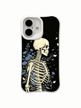 PhoneCasing eternal-seajourney skeleton floral iPhone 16 Case, goth wearable art themed on wandering soul preparing midnight voyage amid floating blue petals, MagSafe snap-fit scratch resistant everyday iPhone 16 casing
