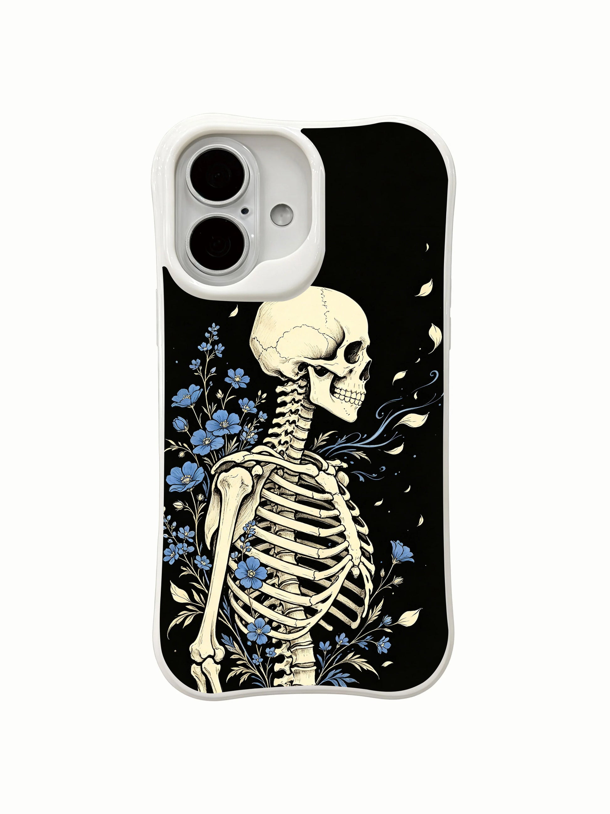 PhoneCasing eternal-seajourney skeleton floral iPhone 16 Case, goth wearable art themed on wandering soul preparing midnight voyage amid floating blue petals, MagSafe snap-fit scratch resistant everyday iPhone 16 casing