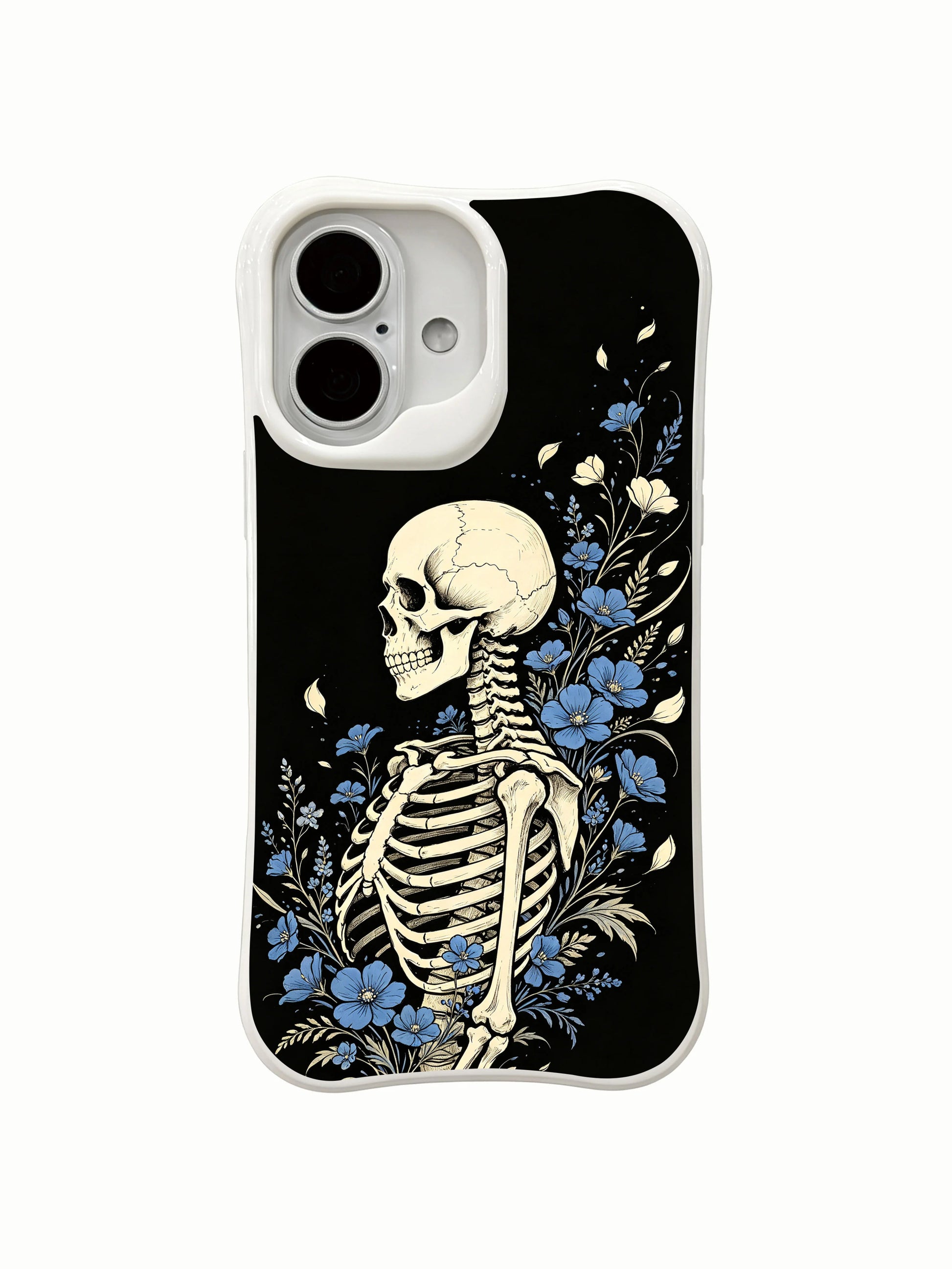 PhoneCasing eternal wander voyage skeleton floral iPhone 16 Case, goth wearable art themed on wandering soul preparing midnight voyage amid floating blue petals, MagSafe snap-fit scratch resistant everyday iPhone 16 casing