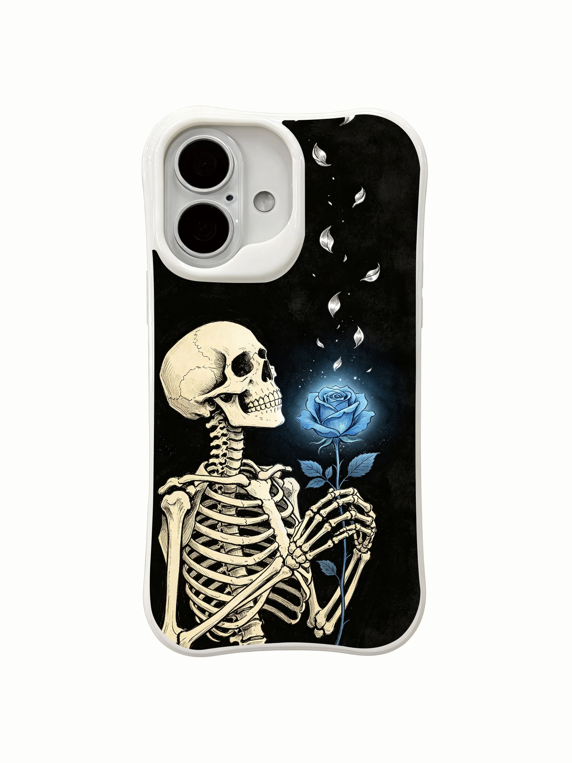 PhoneCasing eternal wish glowing flower skeleton floral iPhone 16 Case, goth wearable art themed on rare miraculous blue rose rising from empty palm, MagSafe snap-fit scratch resistant everyday iPhone 16 casing