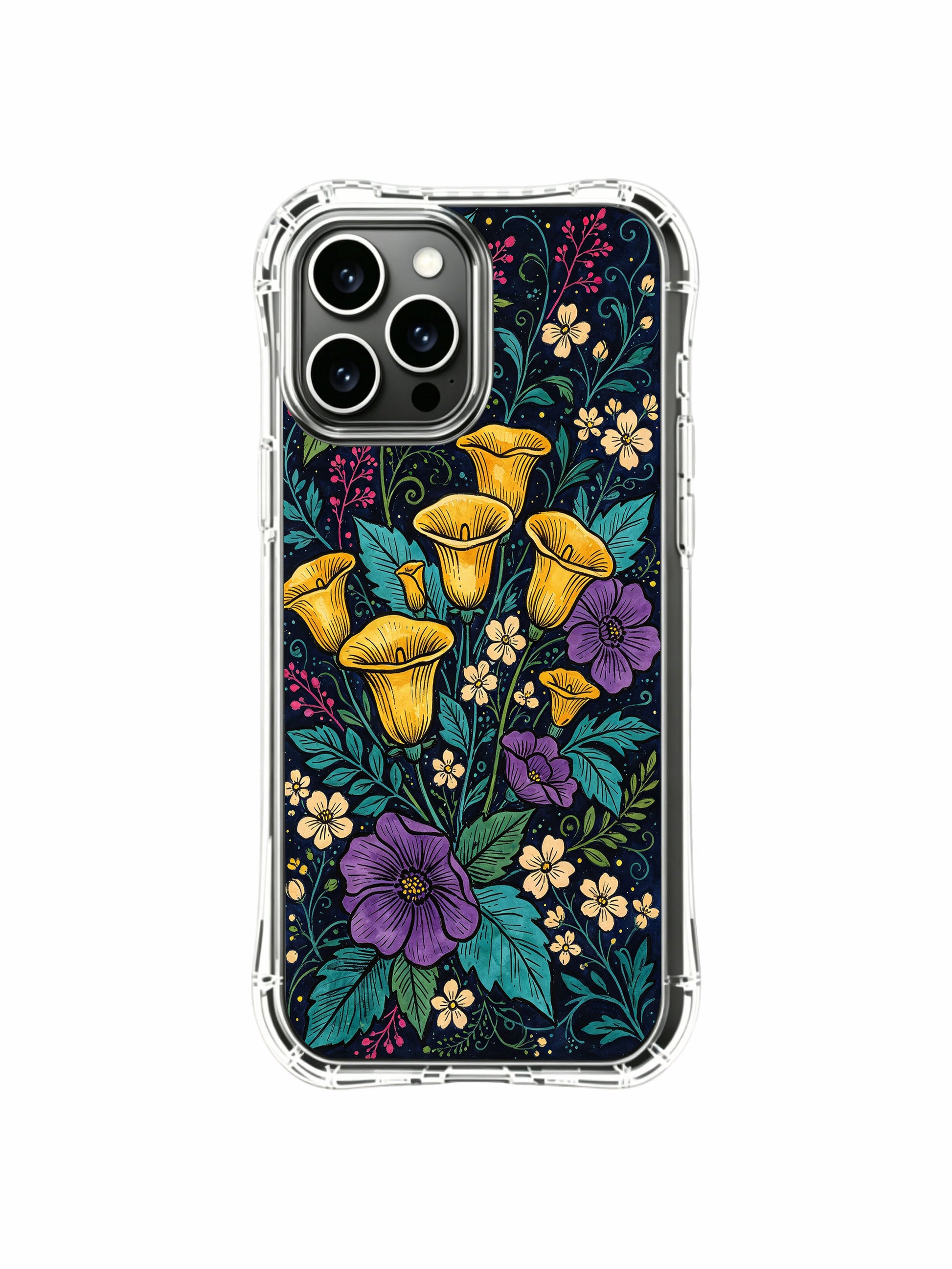 PhoneCasing iPhone 16 Pro Max Case with ethereal floral nocturne art. Golden calla lilies and colorful foliage, premium protective case.
