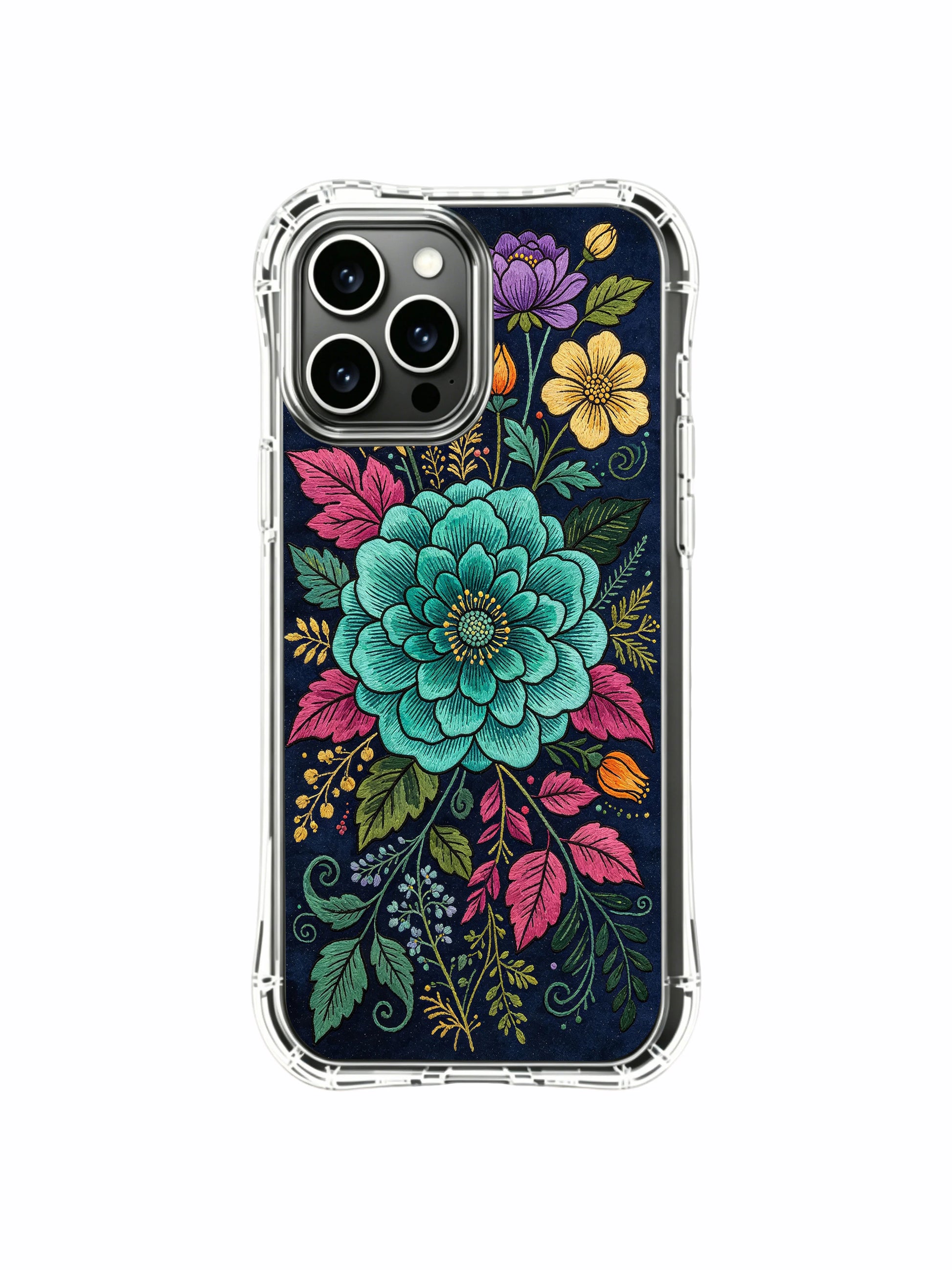 PhoneCasing iPhone 16 Pro Max Case with ethereal floral tapestry art. Elias Nocturne’s teal night flower dream, slim lightweight protective case.