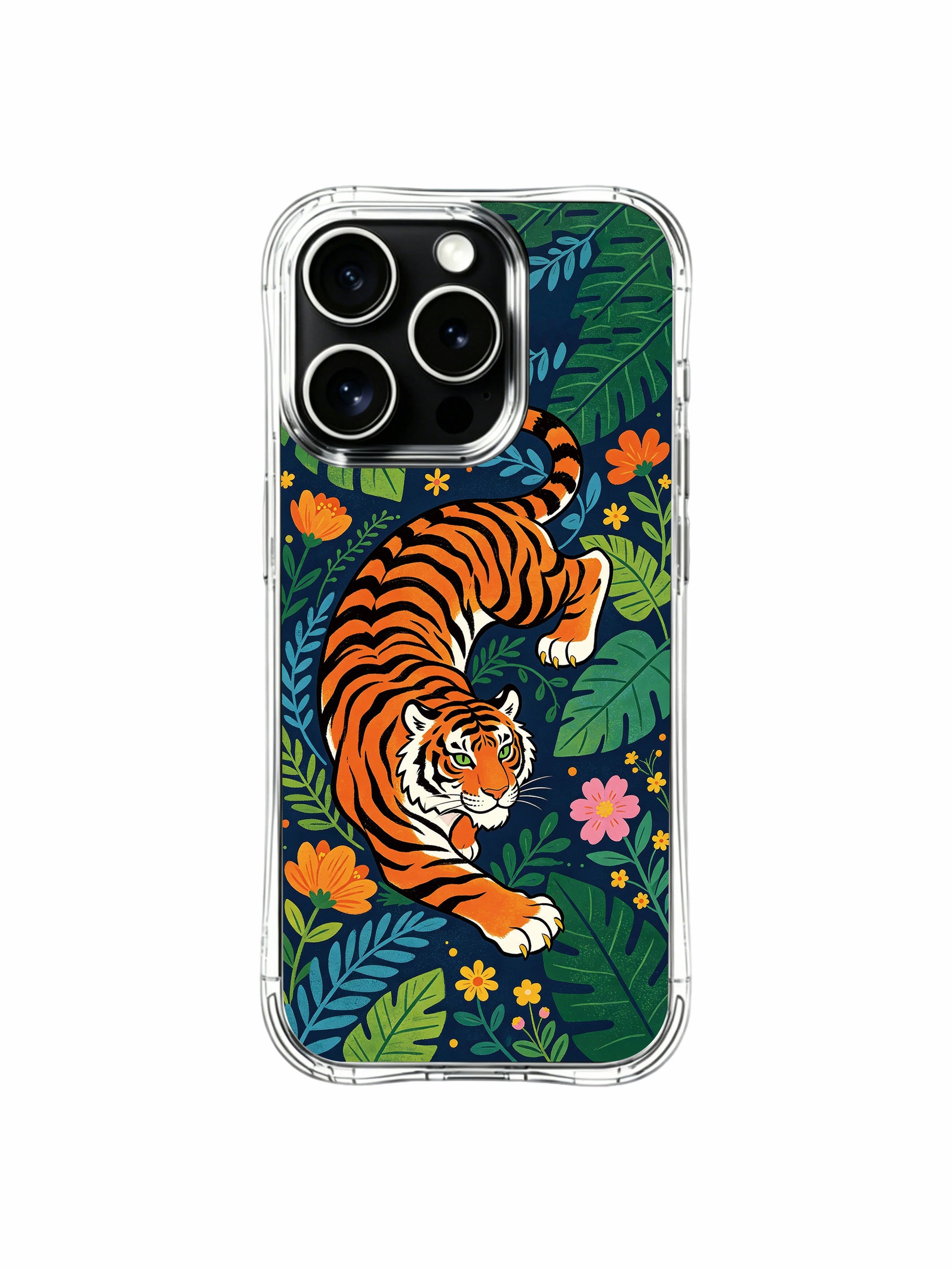 Ethereal secret enclosed flower-filled jungle garden calm guardian tiger surrounded by twisting tropical vines iPhone 13 pro Case from PhoneCasing, anti-crack flexible iPhone 13 pro casing, fantasy tropical wild-vitality wilderness premium phone cover.