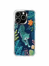 Cyan spotted cat among swaying ocean vines artwork on an iPhone 13 Pro case