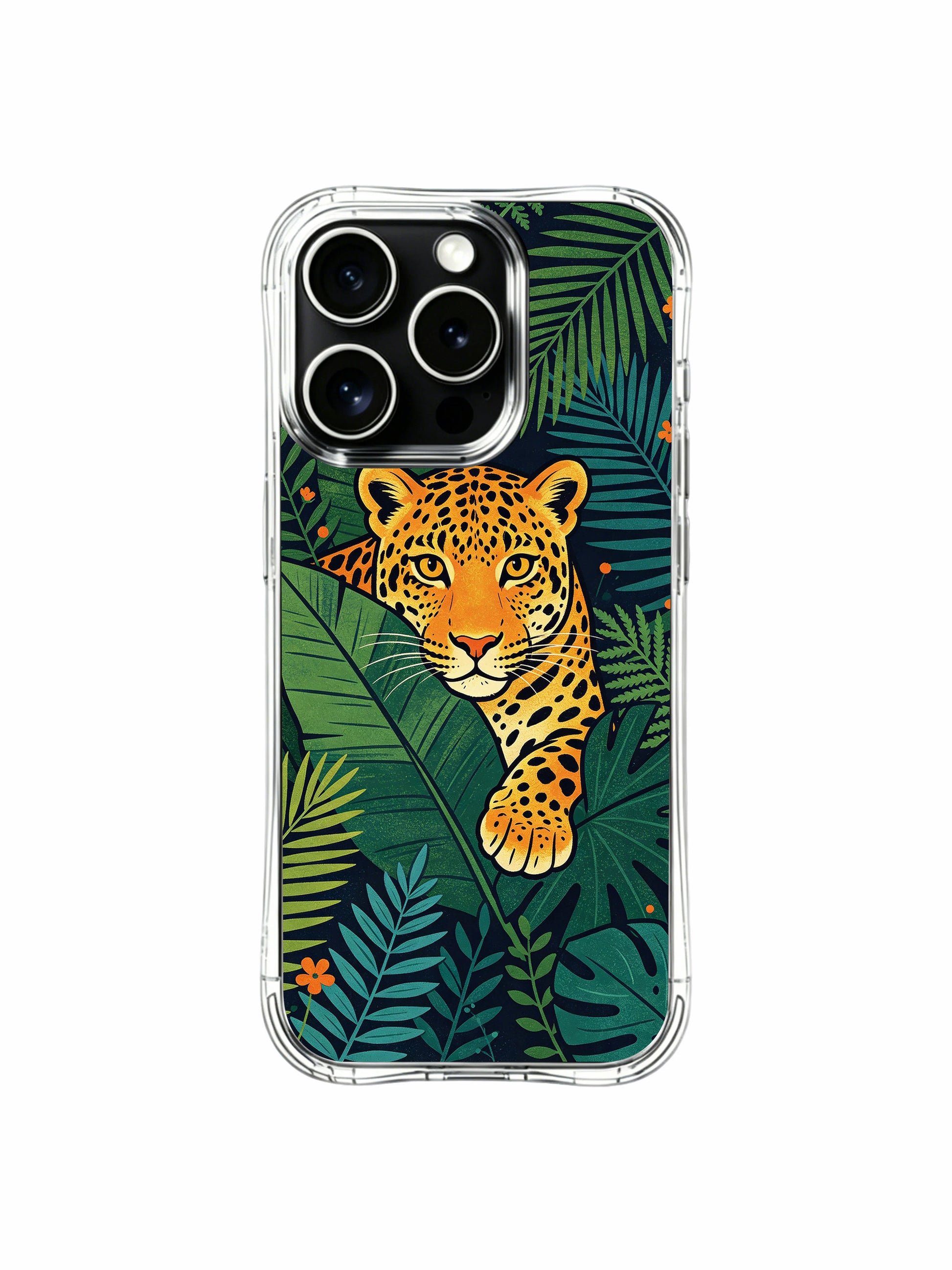 Ethereal secret jungle hideaway partially obscured jaguar portrait amid lush greenery iPhone 13 pro Case from PhoneCasing, everyday durable iPhone 13 pro casing decorated with varied tropical leaves, dreamy nature exploration art phone cover.