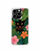 Panther portrait among layered hibiscus artwork on an iPhone 13 Pro case