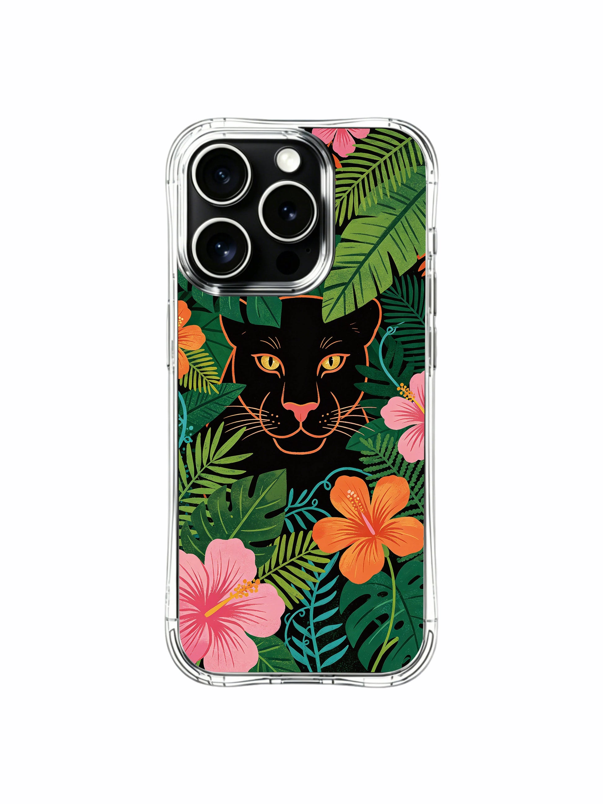 Ethereal secret jungle hidden panther portrait amid lush greenery iPhone 13 pro Case from PhoneCasing, everyday durable iPhone 13 pro casing decorated with multi-shade hibiscus, mysterious tropical art phone cover.