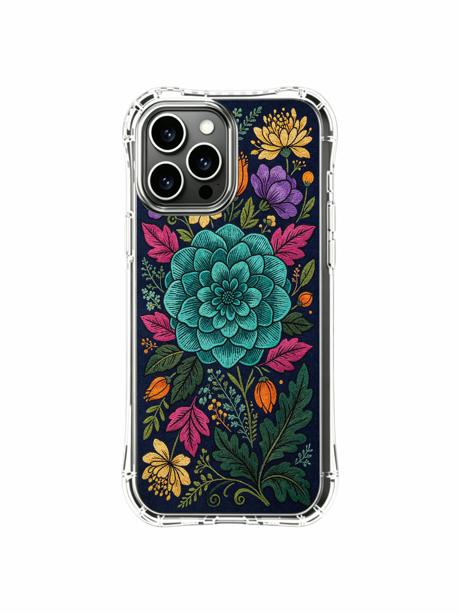 PhoneCasing iPhone 16 Pro Max Case featuring an ethereal night garden design. Teal bloom surrounded by purple and yellow flowers, gallery-quality print.
