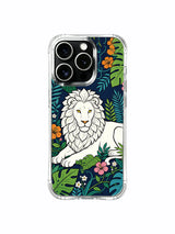 White lion in a peaceful tropical garden artwork on an iPhone 13 Pro case
