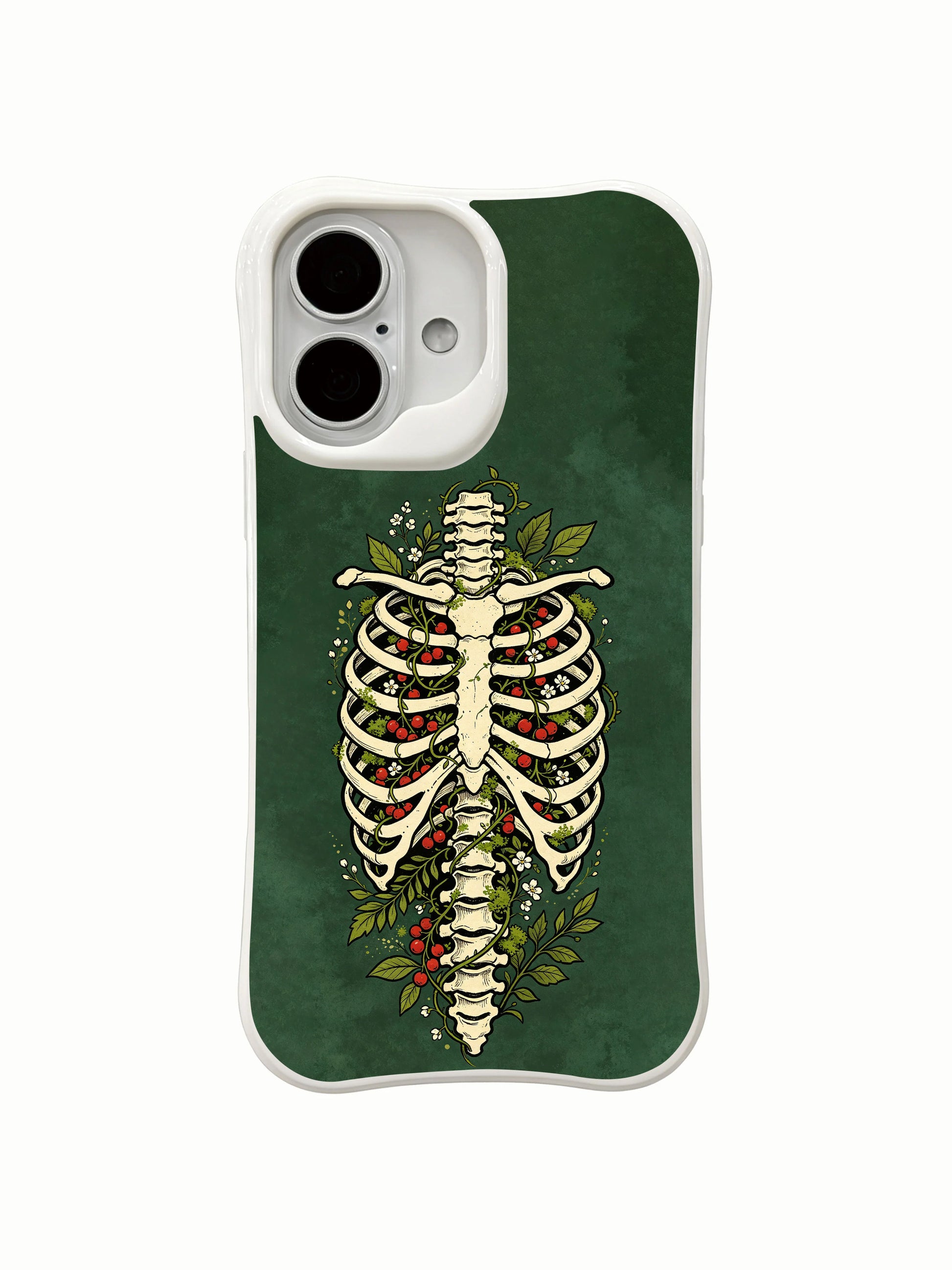 PhoneCasing Evergreen Bone Woodland skeleton floral iPhone 16 Case, goth wearable art themed on rebirth & nature reclaiming mortal remains, MagSafe snap-fit scratch resistant everyday iPhone 16 casing