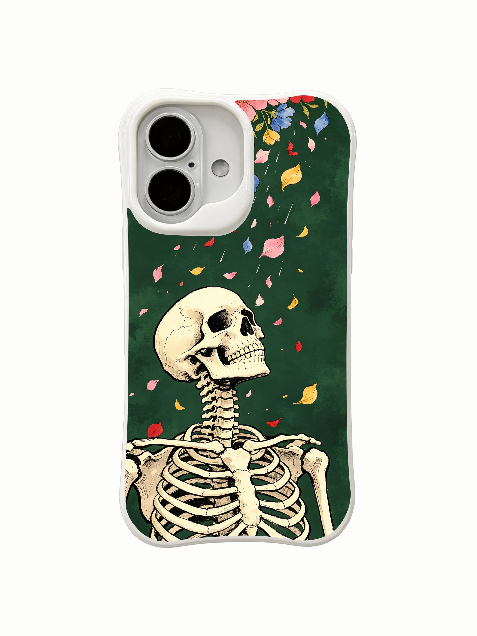PhoneCasing Evergreen Dream Petal skeleton floral iPhone 16 Case, goth wearable art themed on quiet waiting & seasonal rebirth, MagSafe snap-fit scratch resistant everyday iPhone 16 casing