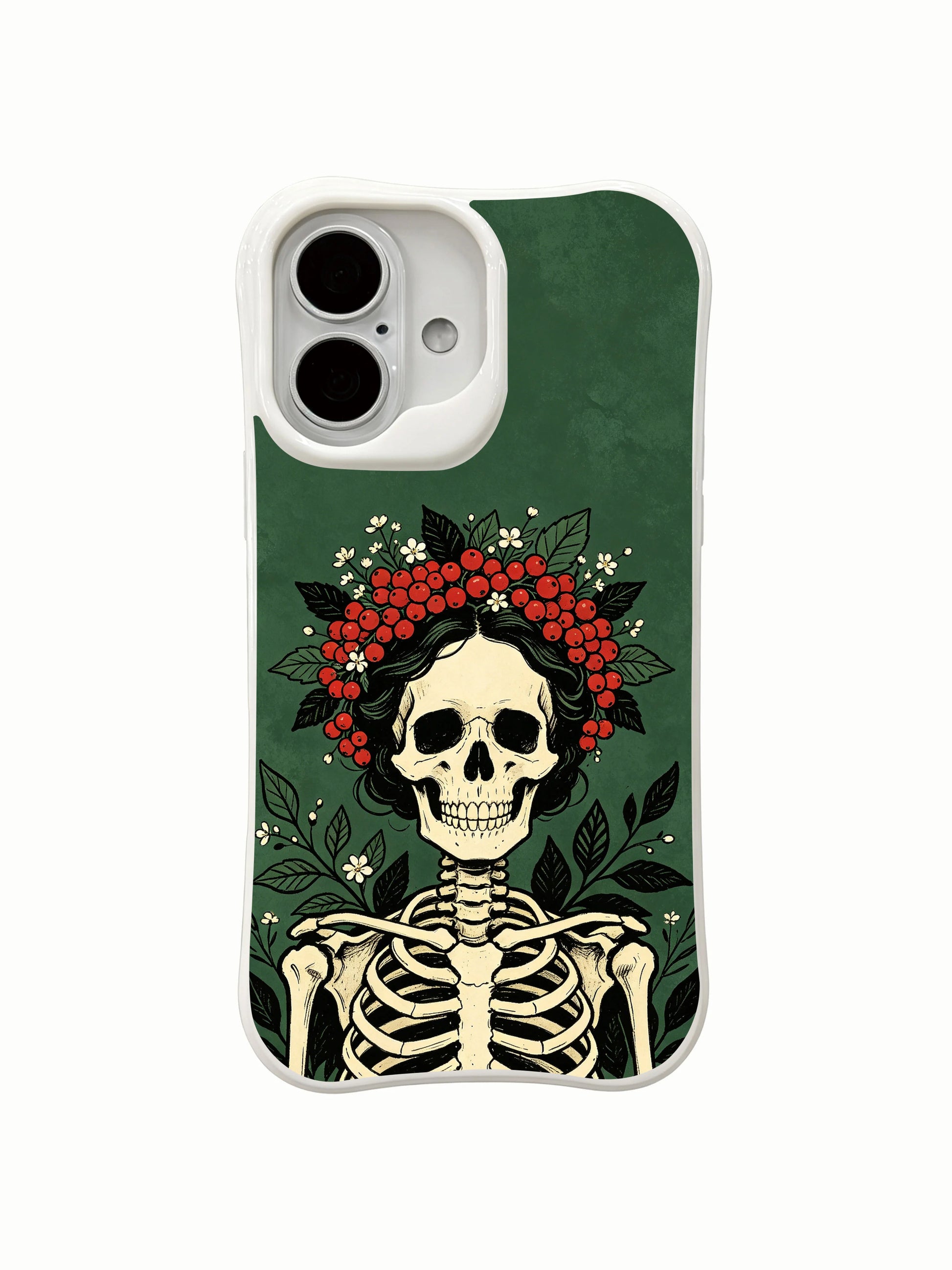 PhoneCasing Evergreen Queen Wreath skeleton floral iPhone 16 Case, goth wearable art themed on quiet self-earned royal dignity, MagSafe snap-fit scratch resistant everyday iPhone 16 casing