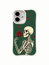 PhoneCasing Evergreen Rose Epistle skeleton floral iPhone 16 Case, goth wearable art themed on undying love & timeless written affection, MagSafe snap-fit scratch resistant everyday iPhone 16 casing