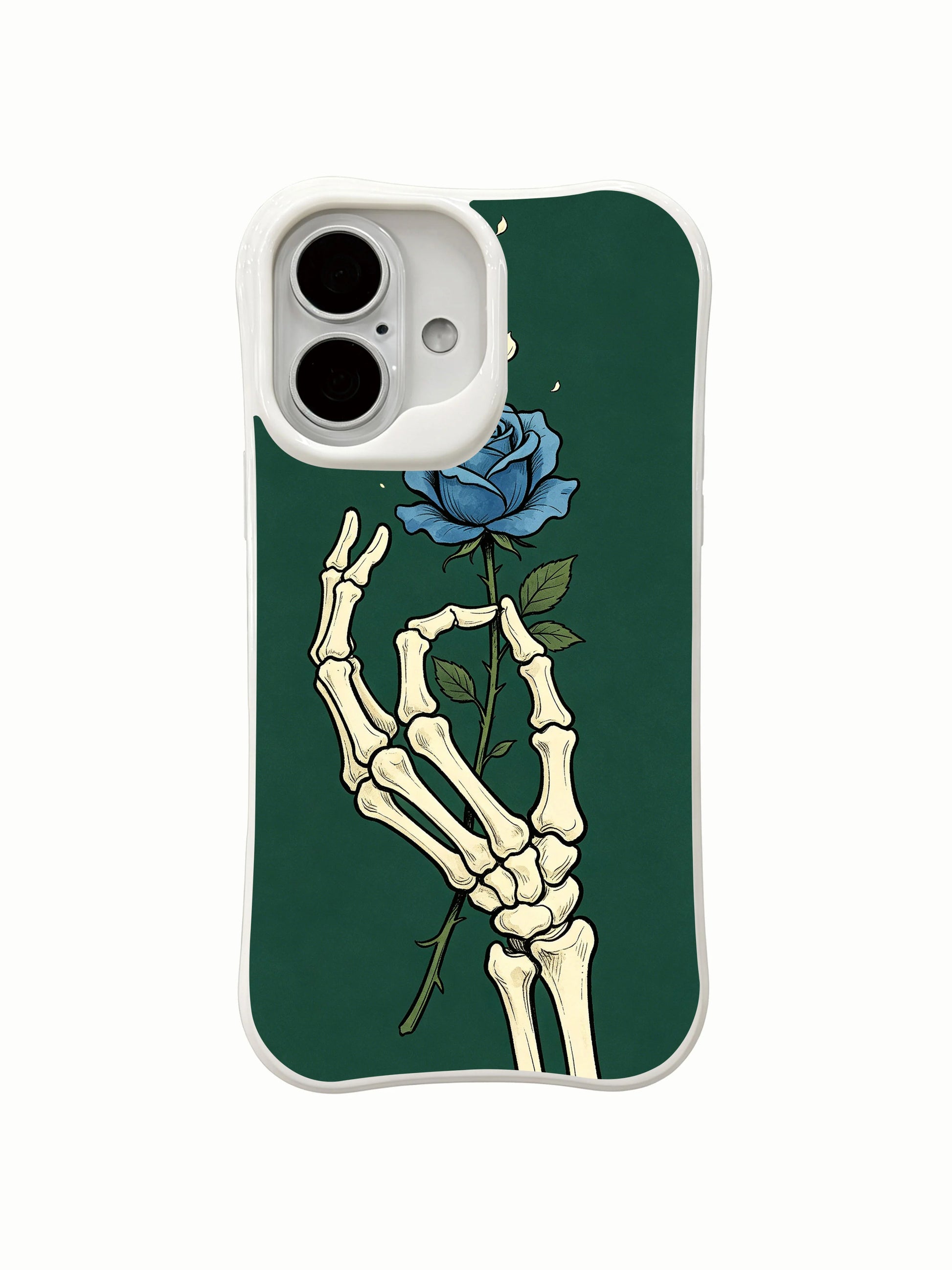PhoneCasing Evergreen Wish Rose skeleton floral iPhone 16 Case, goth wearable art themed on quiet unspoken dreams & small miraculous bloom, MagSafe snap-fit scratch resistant everyday iPhone 16 casing