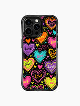 PhoneCasing iPhone 13 Pro Max cover all-over unstructured floating neon heart doodle pattern, perfectly representing giddy uncontrollable joy of falling in love, long-wearing durable protective casing.