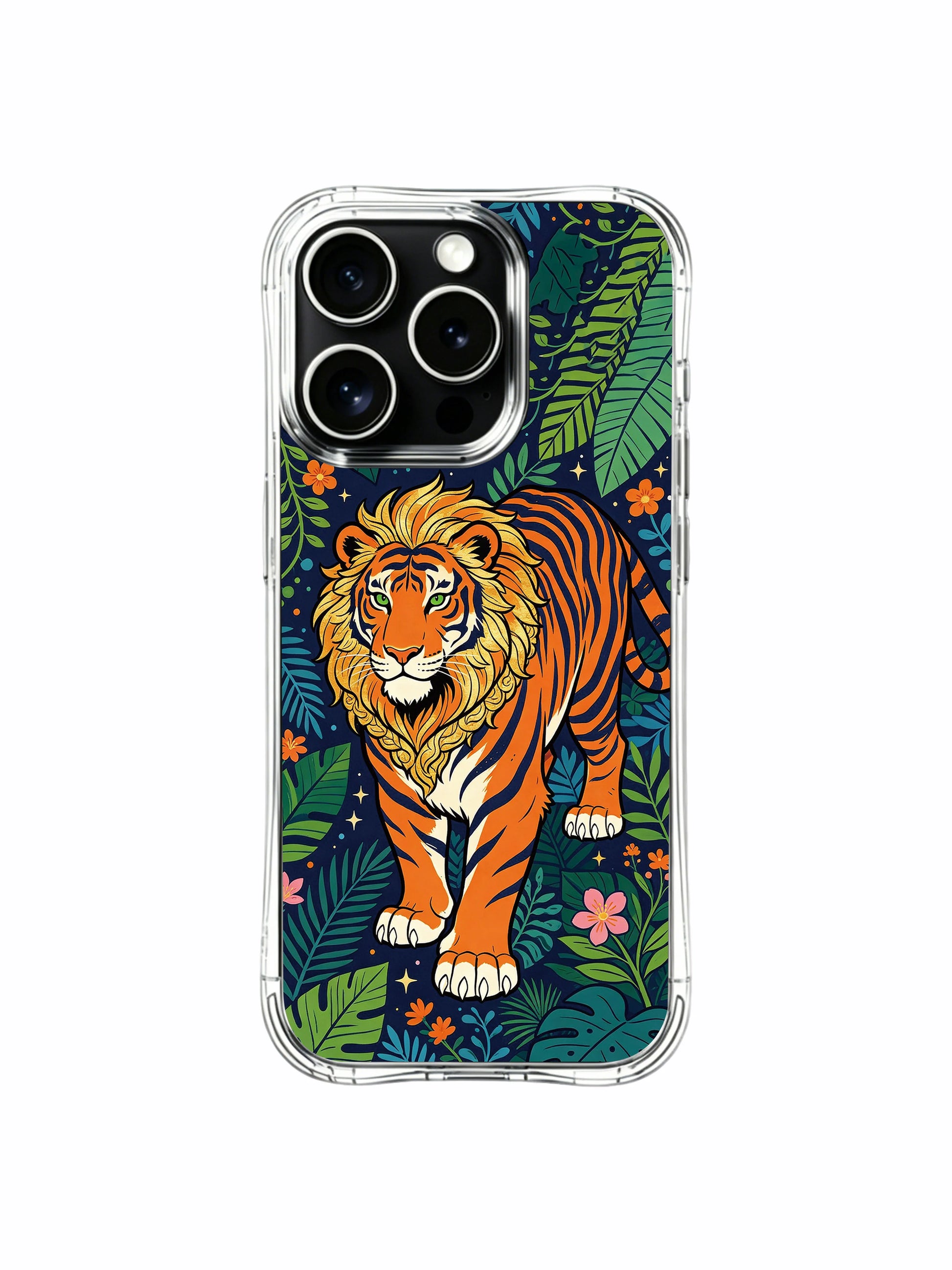 Dynamic wild tropical garden PhoneCasing iPhone 13 pro Case, anti-shock clear phone casing with roaring fiery orange tiger surrounded by bursting pink and orange wild blossoms, trendy printed phone cover.
