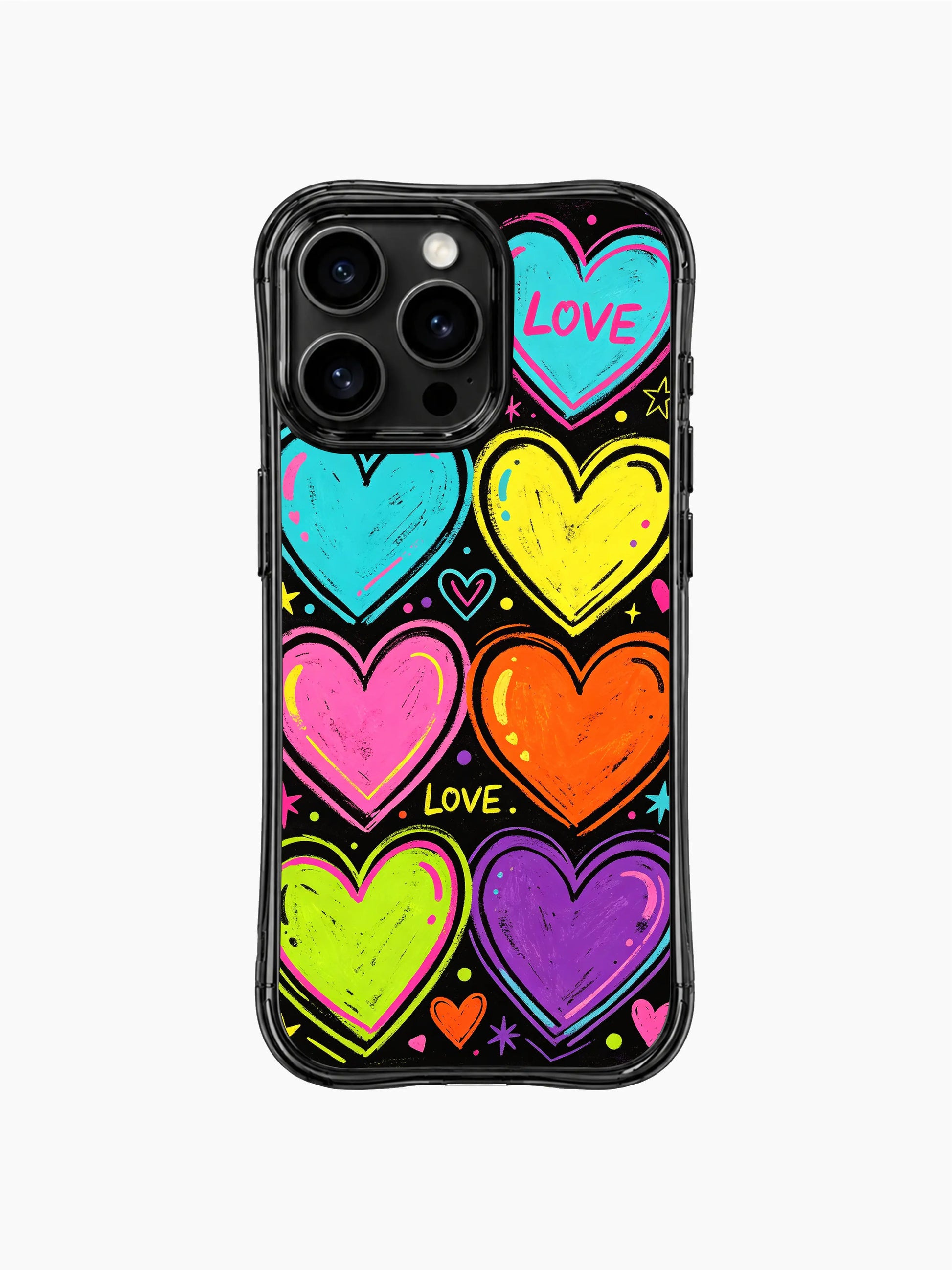 High-impact expressive valentine PhoneCasing iPhone 13 Pro Max casing, seamless Loud Love Energy textured crayon doodle pattern, overlapping jumping pop hearts, star dot and love text scattered decorative shell