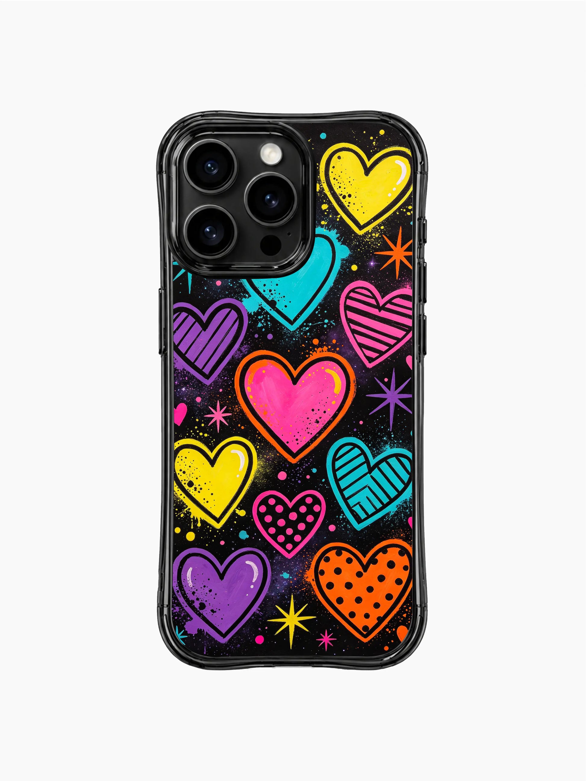High-impact valentine PhoneCasing iPhone 13 Pro Max casing, seamless Heart Pop Universe textured crayon doodle pattern, overlapping pop hearts, star dot and love text scattered decorative shell