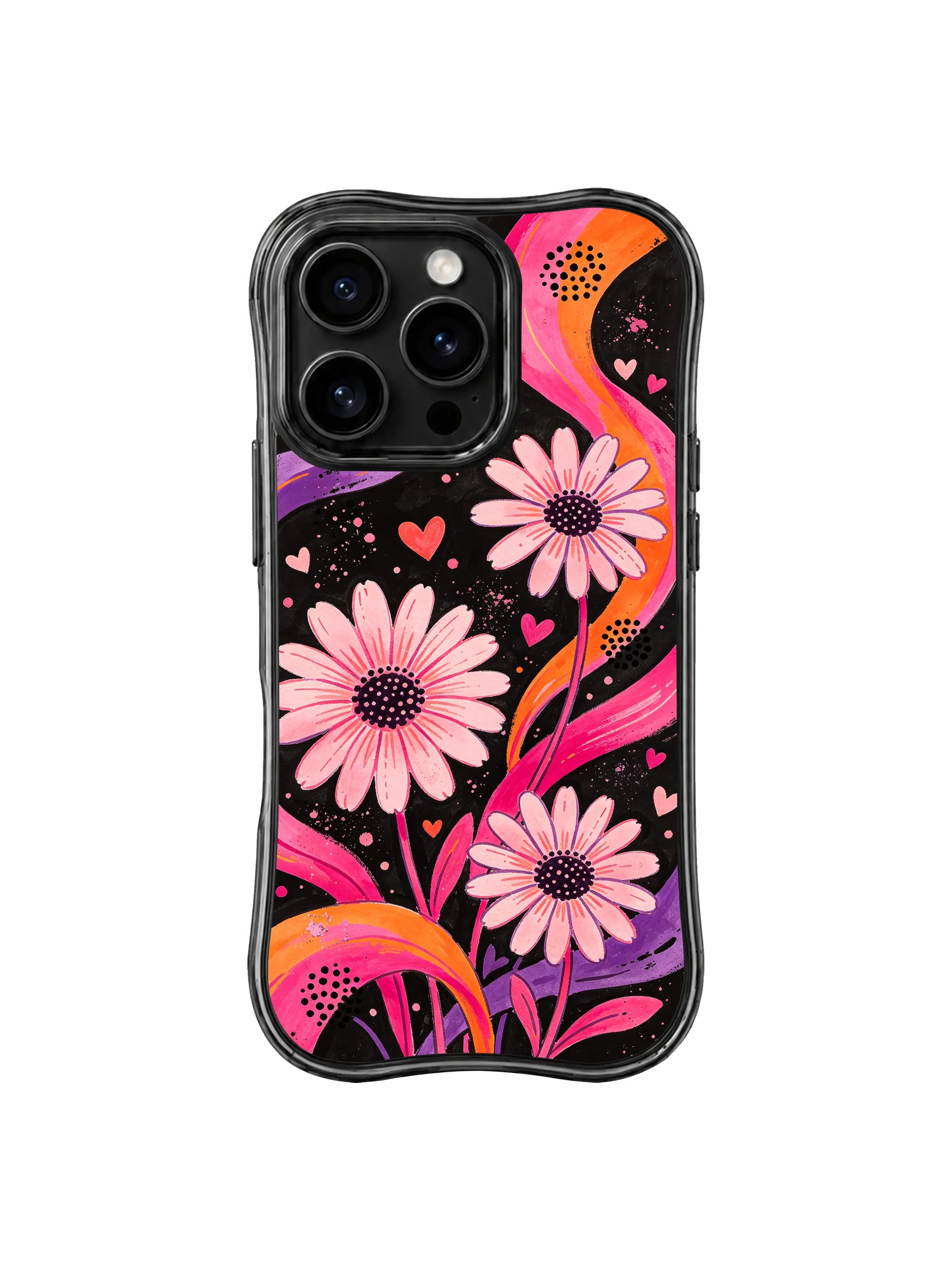 PhoneCasing iPhone 16 pro Case with authentic worn faded scratch retro poster grain and loose soft wash blush daisy outlines, exclusive Ruby Daze Soft Pink Flower Signal floral artwork, scratch resistant phone protection.