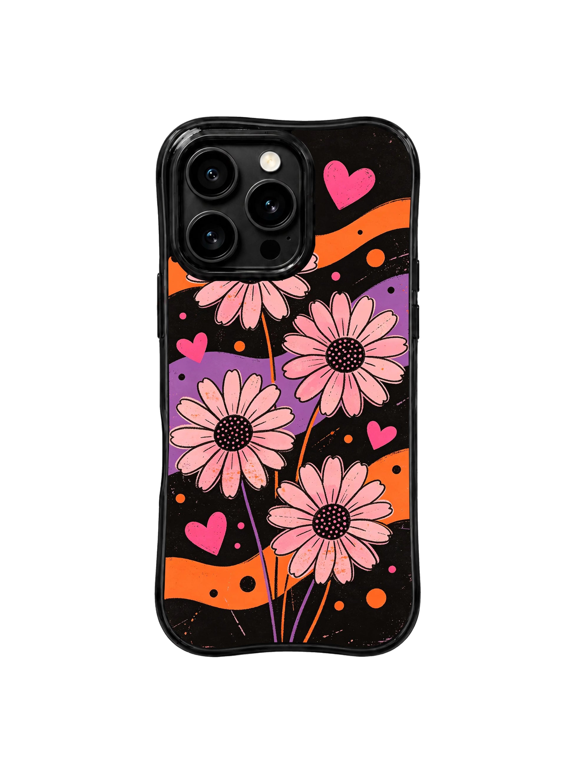 PhoneCasing iPhone 16 pro Case with authentic worn faded scratch retro poster grain and loose soft wash blush daisy outlines, exclusive Ruby Daze Soft Pink Flower Signal floral artwork, scratch resistant phone protection.