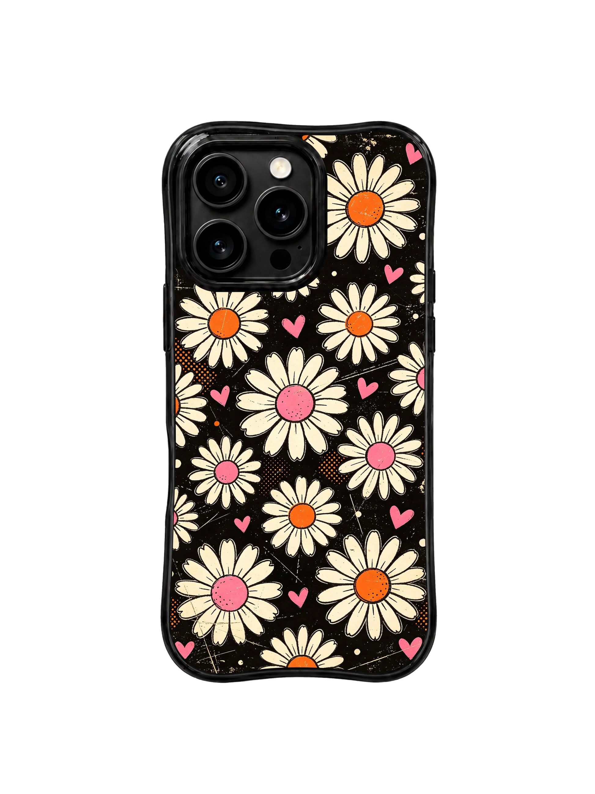 PhoneCasing iPhone 16 pro Case with authentic worn faded scratch vintage poster grain and rough block-print cream daisy outlines, exclusive Ruby Daze Cream Daisy Love Noise floral artwork, scratch resistant phone protection.