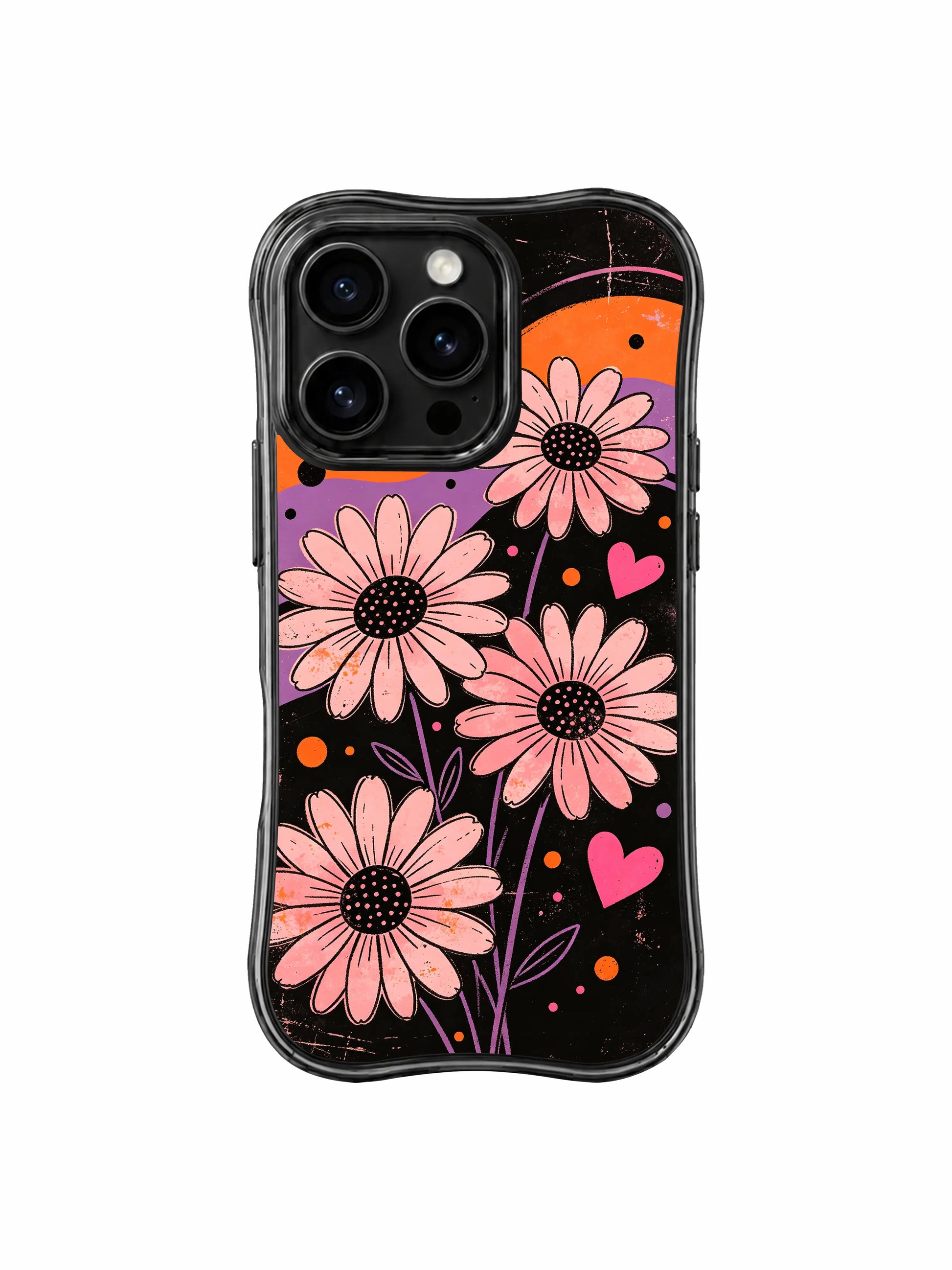 PhoneCasing iPhone 16 pro Case with authentic worn faded scratch retro poster grain and loose soft wash blush daisy outlines, exclusive Ruby Daze Soft Pink Flower Signal floral artwork, scratch resistant phone protection.