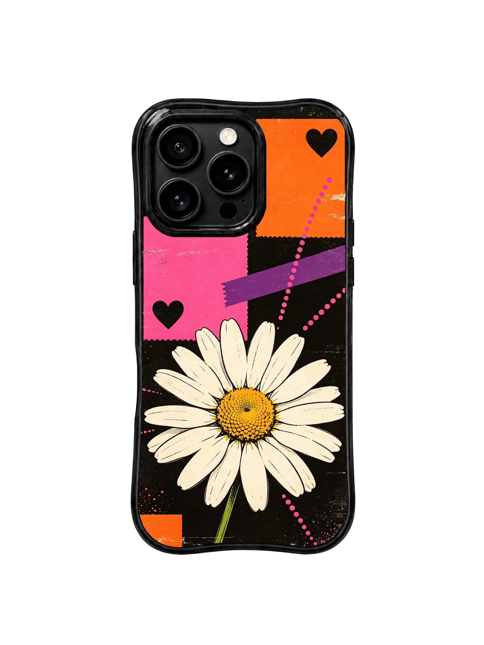 PhoneCasing iPhone 16 pro Case with authentic uneven faded scratch vintage street poster grain and thick textured purple painter tape, exclusive Ruby Daze White Daisy Street Poster floral artwork, scratch resistant phone protection.