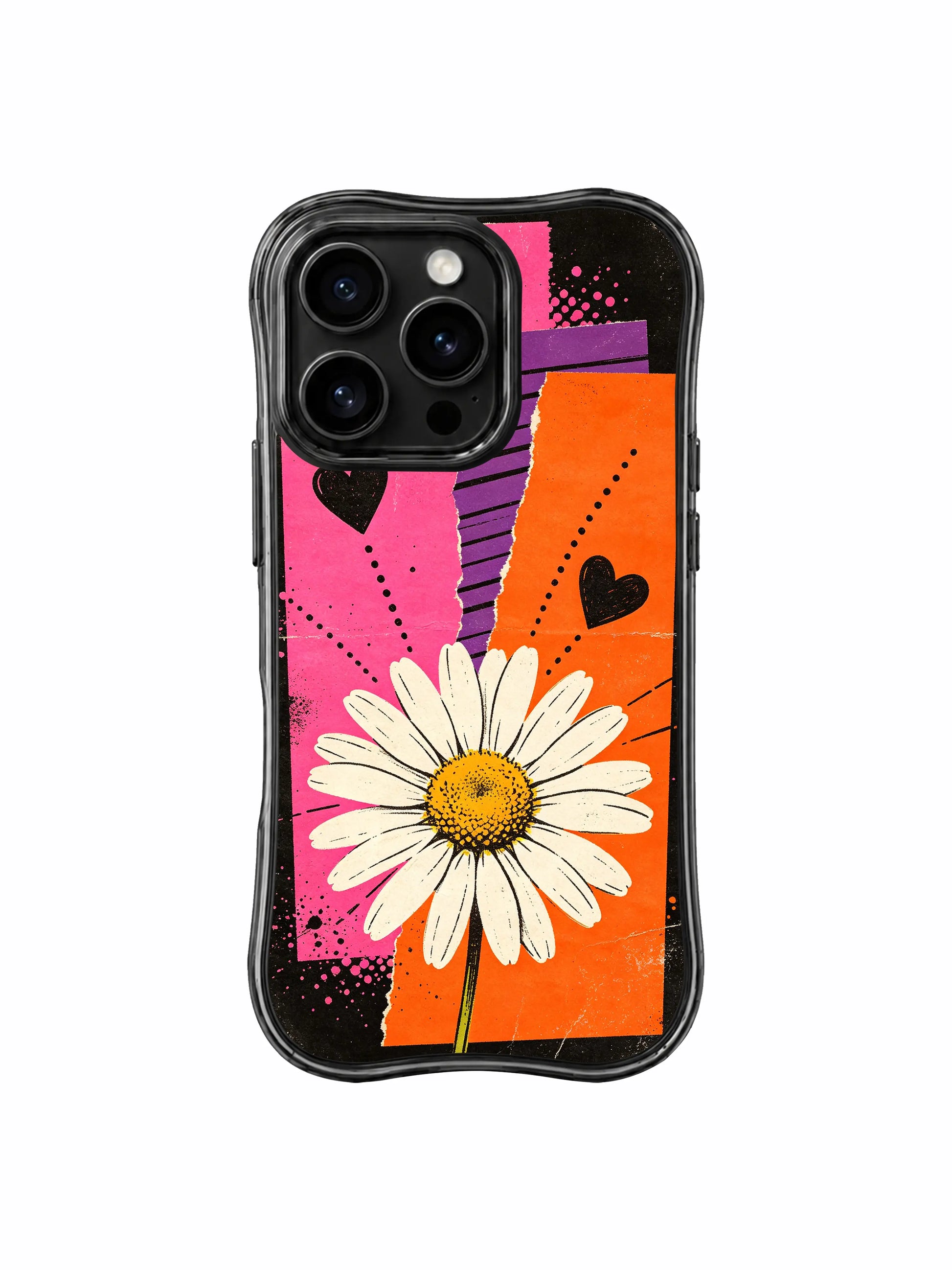 PhoneCasing iPhone 16 pro Case with authentic uneven faded scratch vintage street poster grain and thick textured purple painter tape, exclusive Ruby Daze White Daisy Street Poster floral artwork, scratch resistant phone protection.