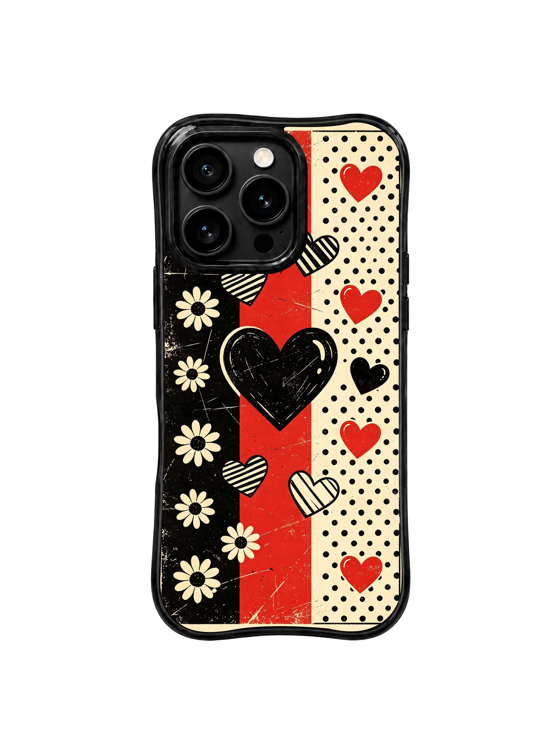 PhoneCasing iPhone 16 pro Case with authentic uneven faded scratch aged punk poster distressing and rigid alternating checker block stripe geometry, exclusive Ruby Daze Punk Daisy Checker Love floral artwork, scratch resistant phone protection.