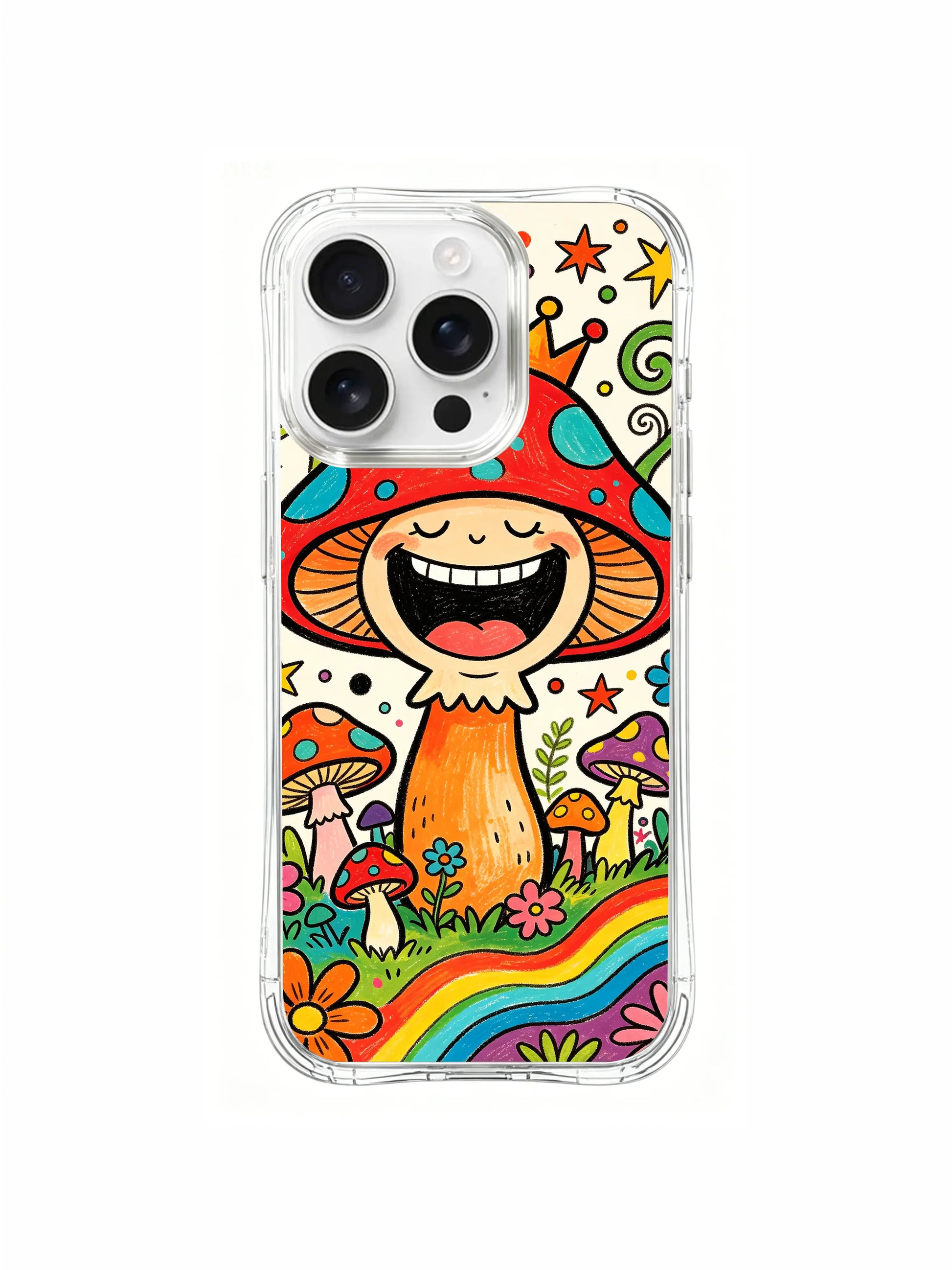 PhoneCasing iPhone 16 pro max Case, fairy woodland whimsy bespoke casing with cheerful mushroom king & assorted mini fungi, original Luna Moss limited collab gallery quality wearable art case