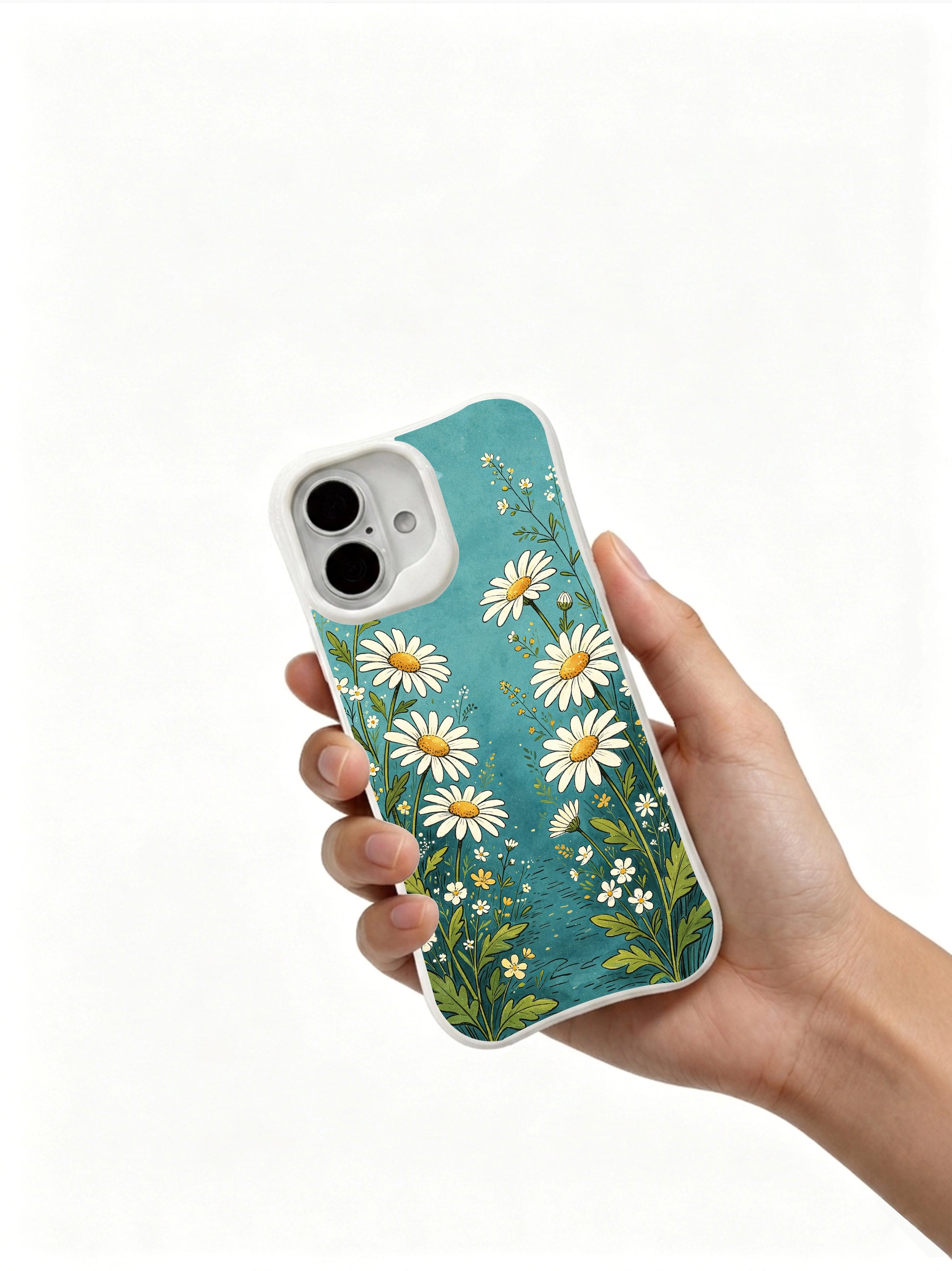 PhoneCasing fairytale daisy path iPhone 16 Plus Case, delicate floral pattern with tiny blooms and golden accents, stylish design for women.
