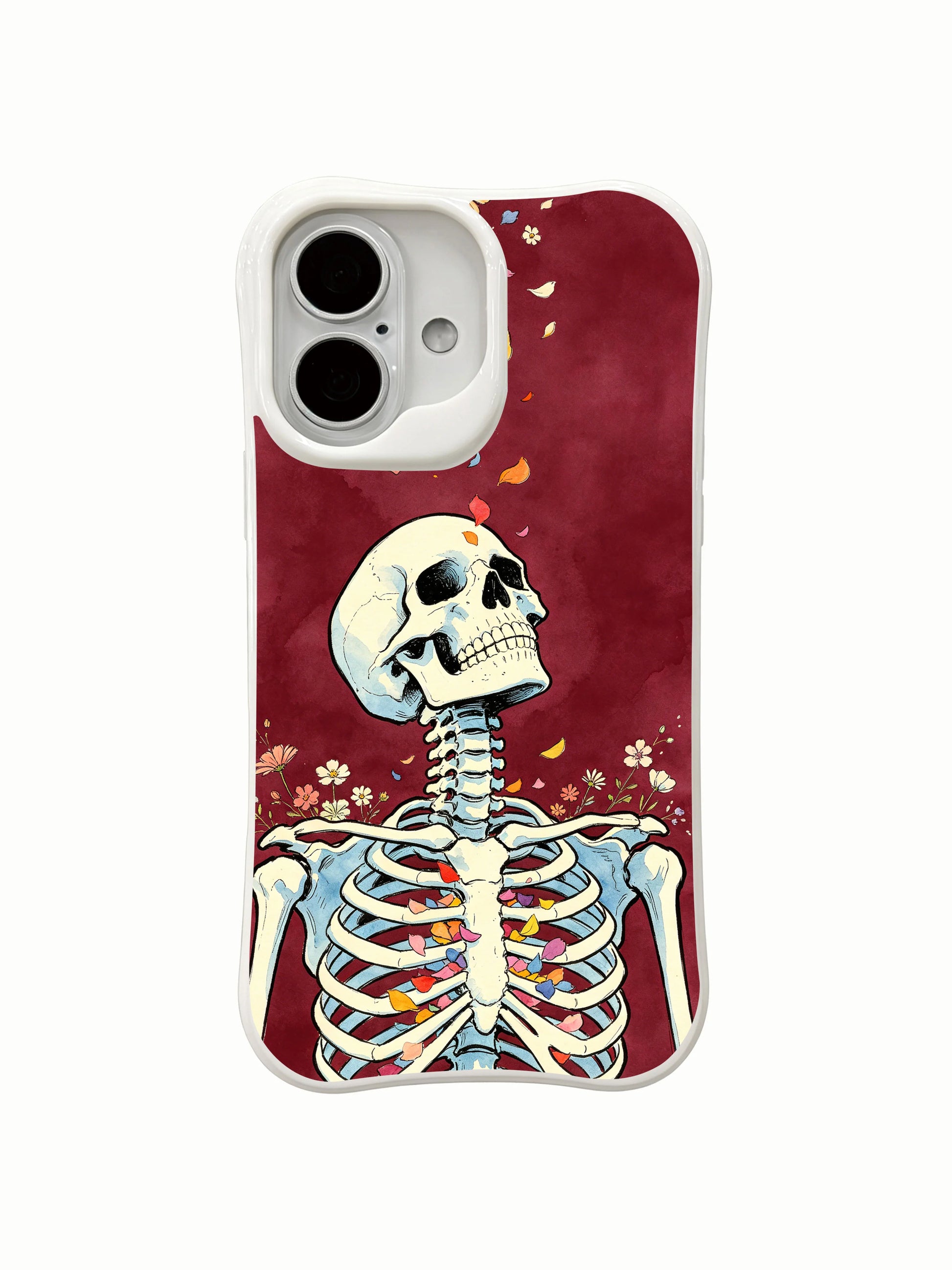 PhoneCasing falling blossom spiritual skeleton iPhone 16 Case, warm multicolored petals floating upward beside watercolor bones, fade resistant durable daily-use iPhone 16 casing