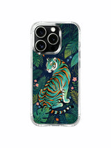 Balance of surreal wonder & lush blooming nature teal tiger art iPhone 13 pro Case from PhoneCasing, midnight secret garden themed phone cover, collectible talisman-style wearable art premium phone casing